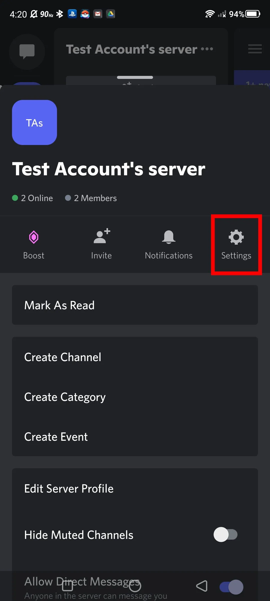 Minh họa vị trí nút Cài đặt (Settings) trong ứng dụng Discord trên điện thoại