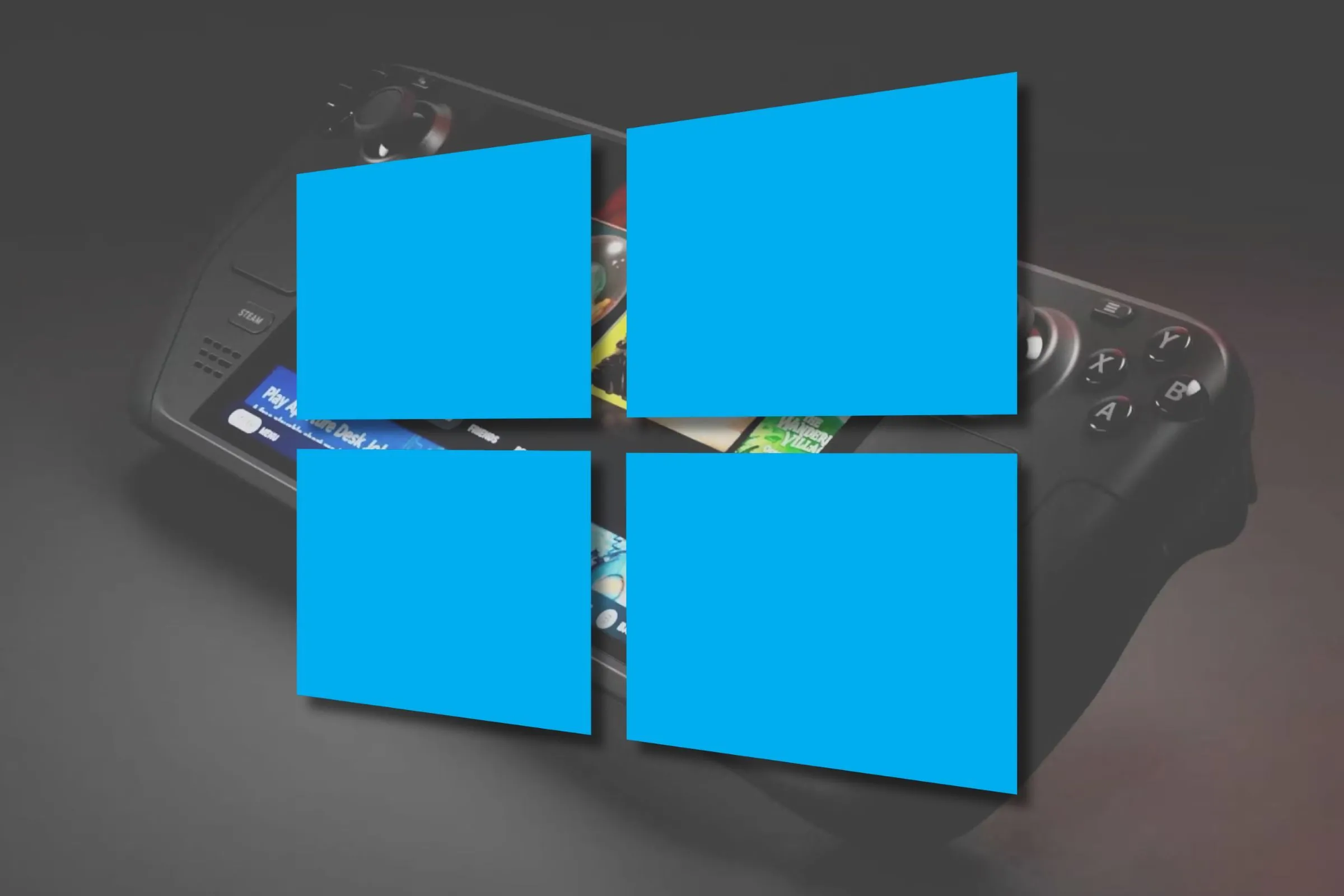 Một chiếc Steam Deck phía trước có logo Windows.