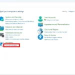 Mũi tên đỏ chỉ vào Programs và khung chữ nhật đỏ quanh Uninstall a program trong Control Panel