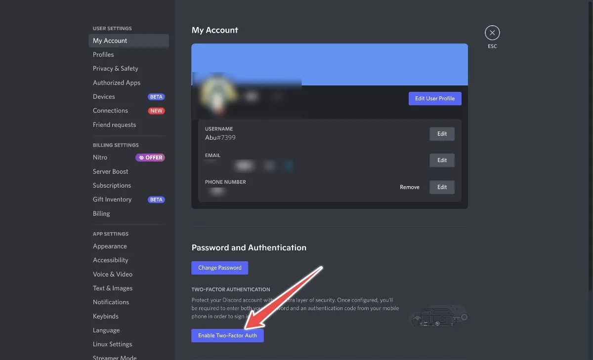 Nhấp vào nút Bật xác thực hai yếu tố trong cài đặt tài khoản Discord
