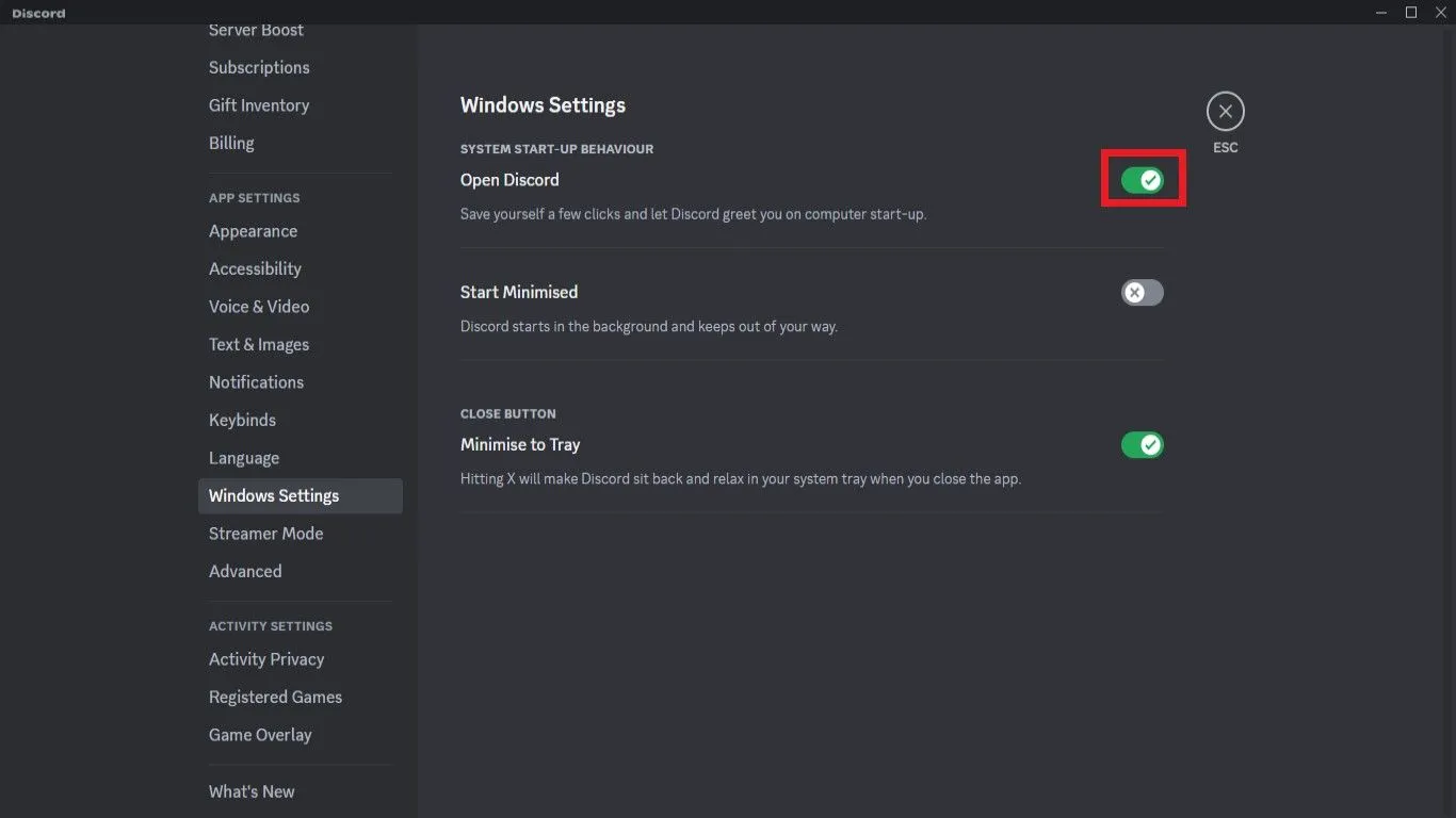 Nút gạt 'Mở Discord' (Open Discord) trong cài đặt Windows của Discord