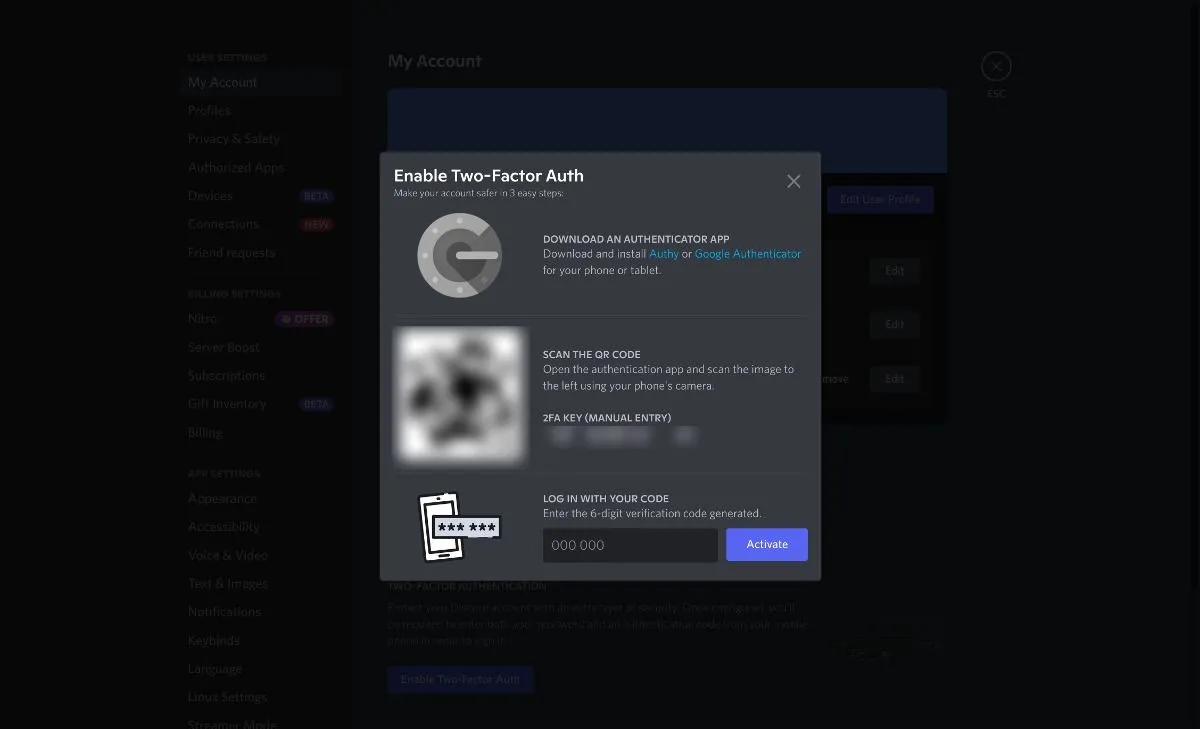 Quét mã QR trong ứng dụng xác thực và nhập mã PIN vào Discord
