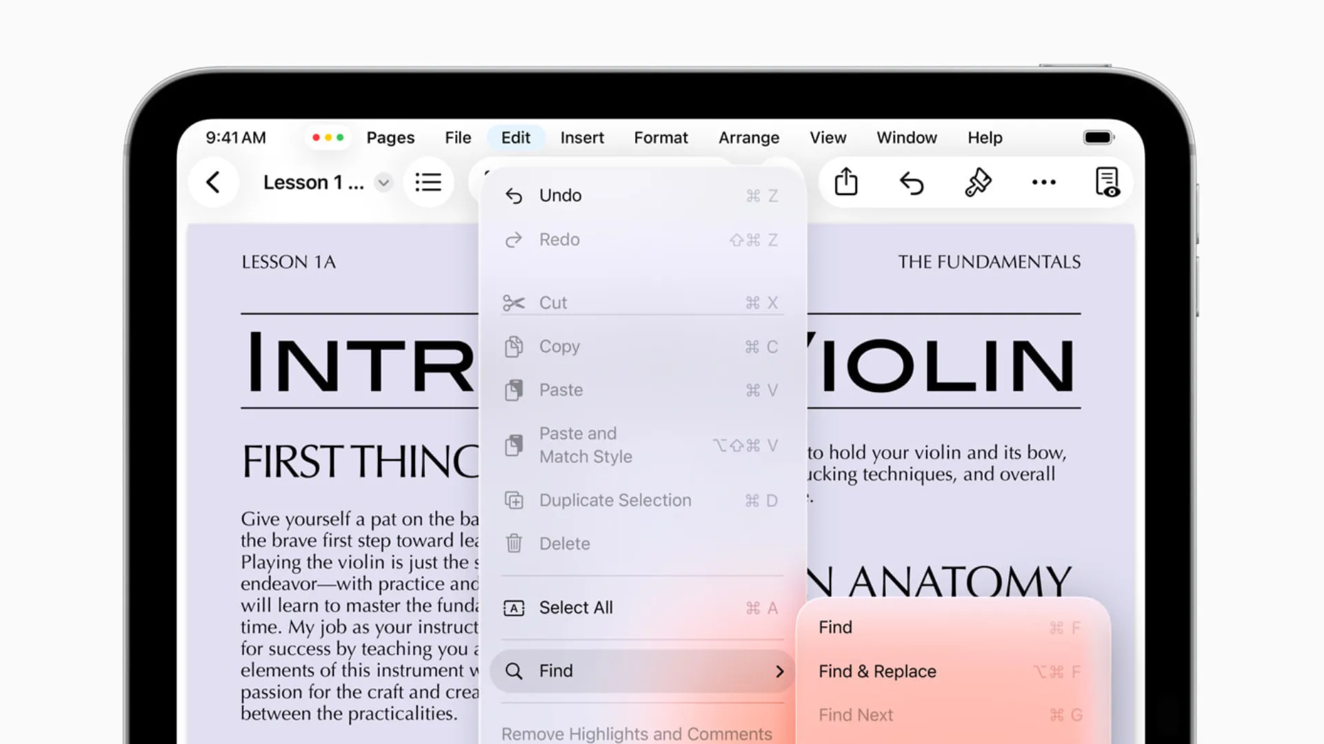Thanh Menu mới trên iPadOS 26 hiển thị các tùy chọn điều khiển trong ứng dụng Pages.