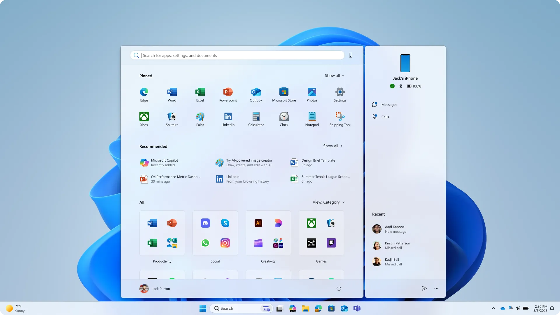 Thiết kế menu Start mới trên Windows 11 với mục ghim, đề xuất và danh sách ứng dụng