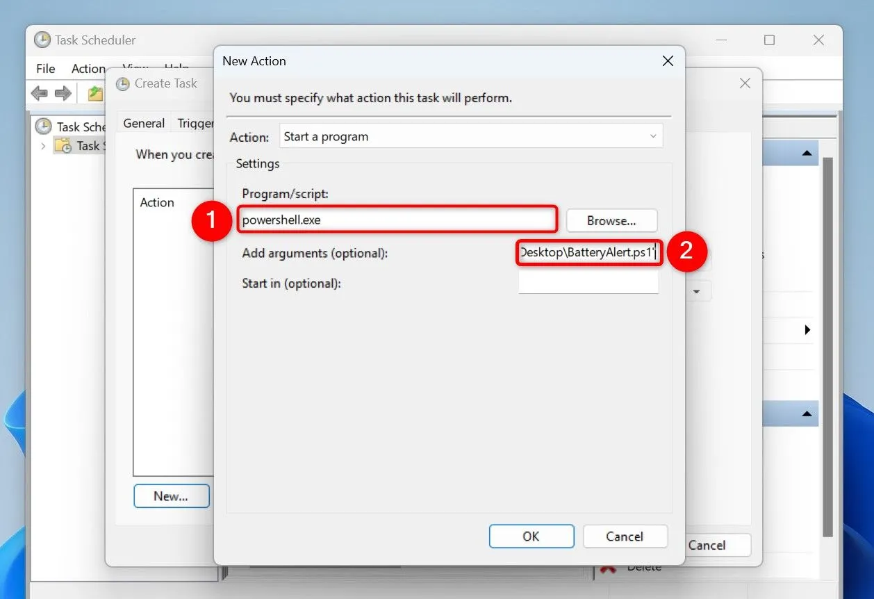 Thiết lập hành động chạy powershell.exe với script cảnh báo pin trong Task Scheduler