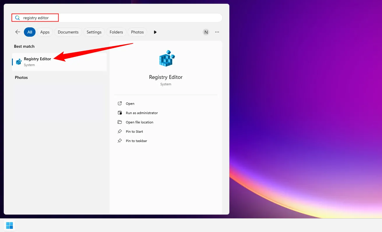Tìm kiếm "Registry Editor" trong Start Menu của Windows 11