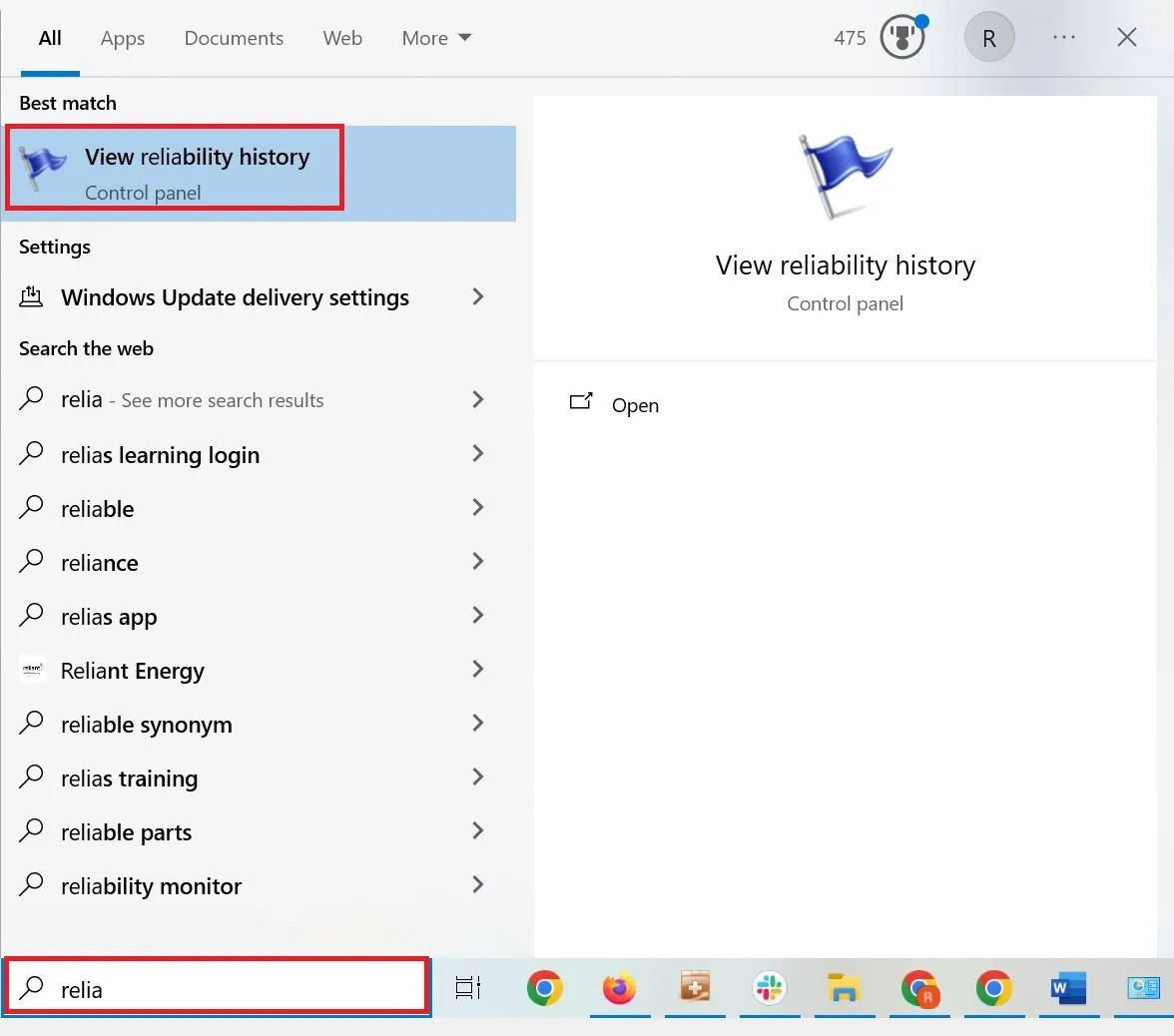 Tìm kiếm Reliability Monitor trong thanh Start menu Windows