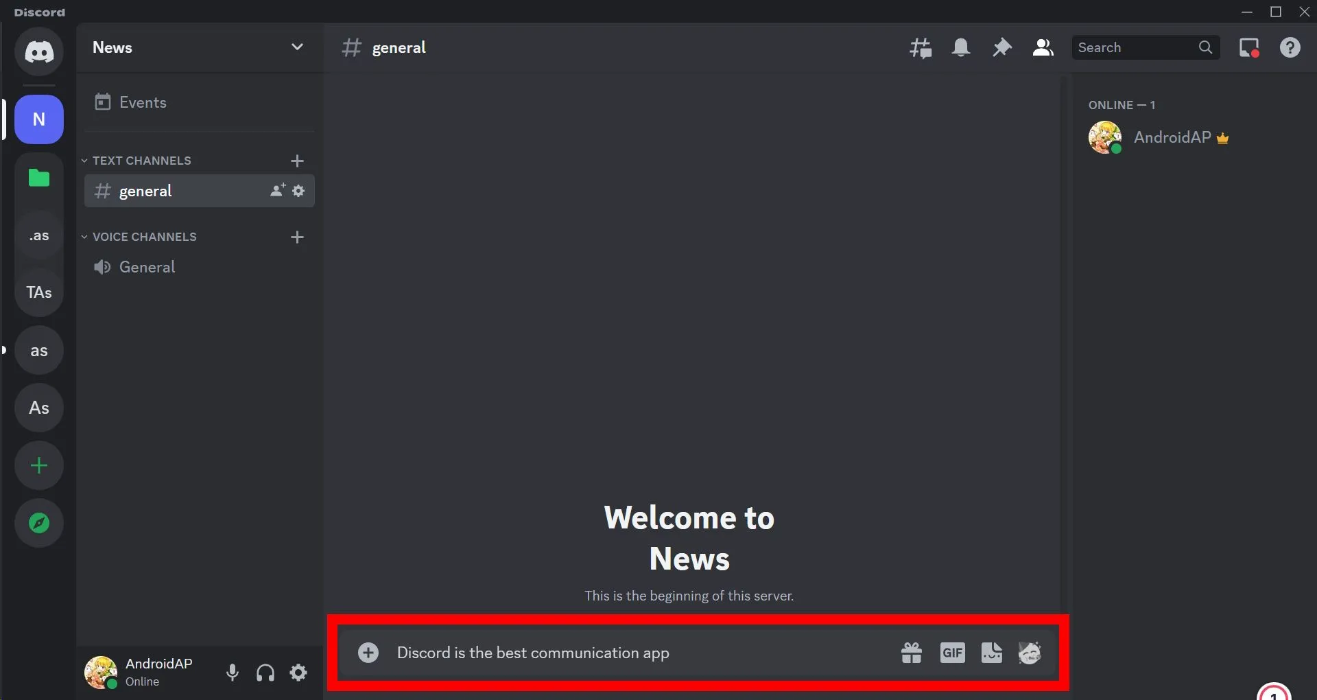 Tin nhắn đang được gõ trong khung chat của kênh Discord