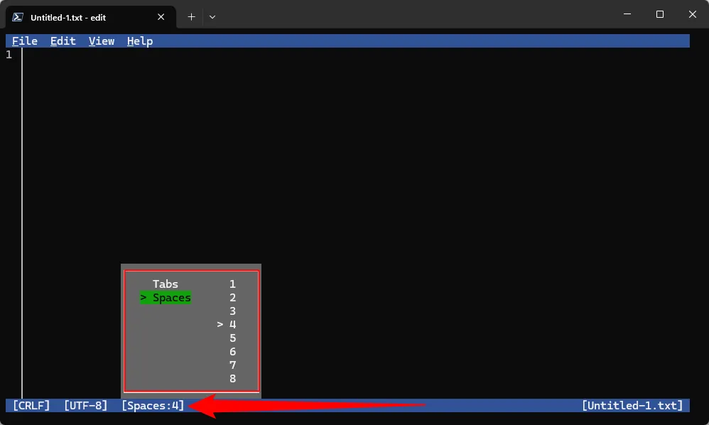 Tùy chọn cài đặt giữa sử dụng Tab hoặc Space trong Microsoft Edit