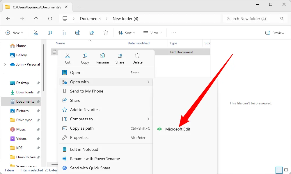 Tùy chọn 'Microsoft Edit' xuất hiện trong menu 'Open With' khi click chuột phải vào file văn bản