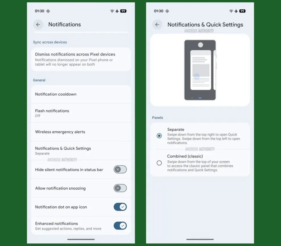 Tùy chọn 'Separate' và 'Combined' cho giao diện Thông báo & Quick Settings trong cài đặt Android
