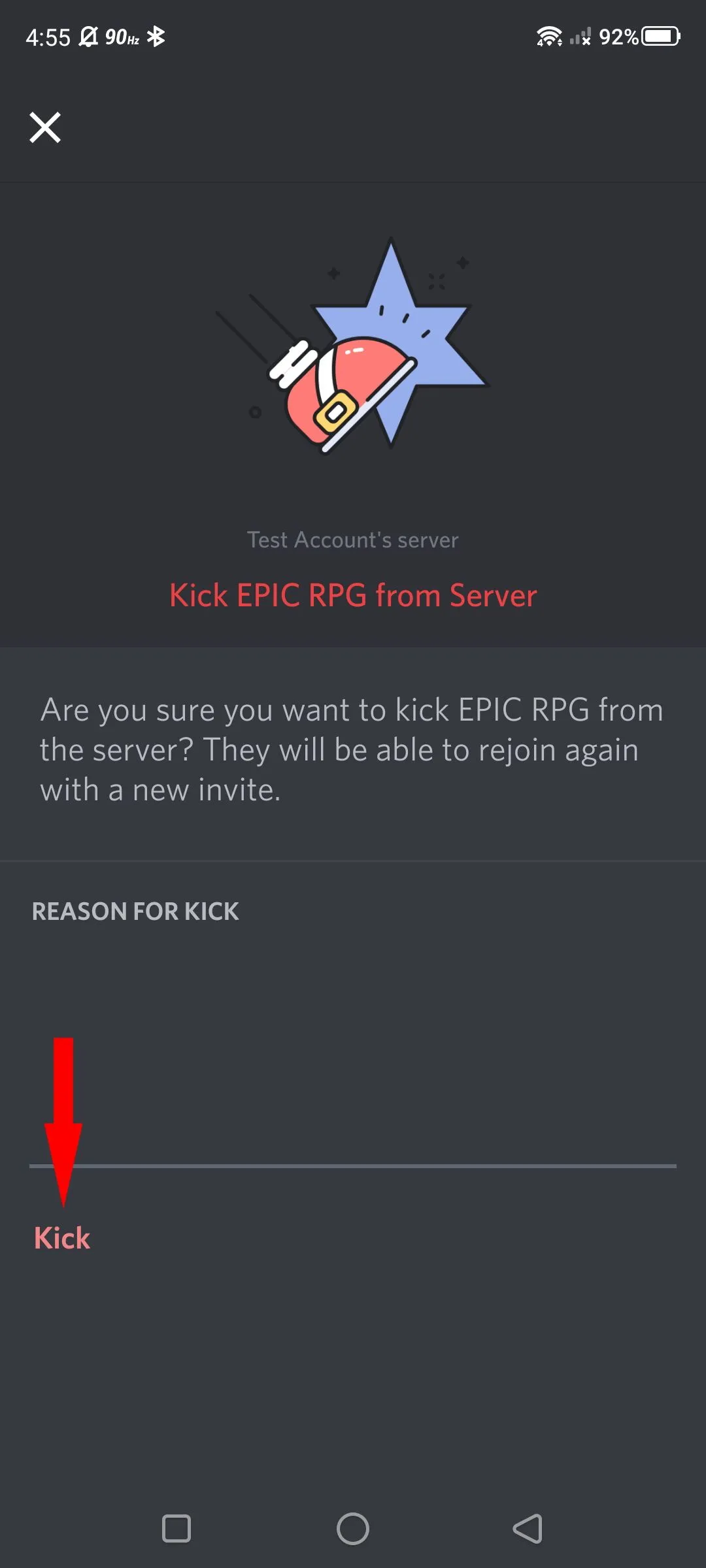 Xác nhận xóa bot khỏi server bằng cách nhấn nút Kick