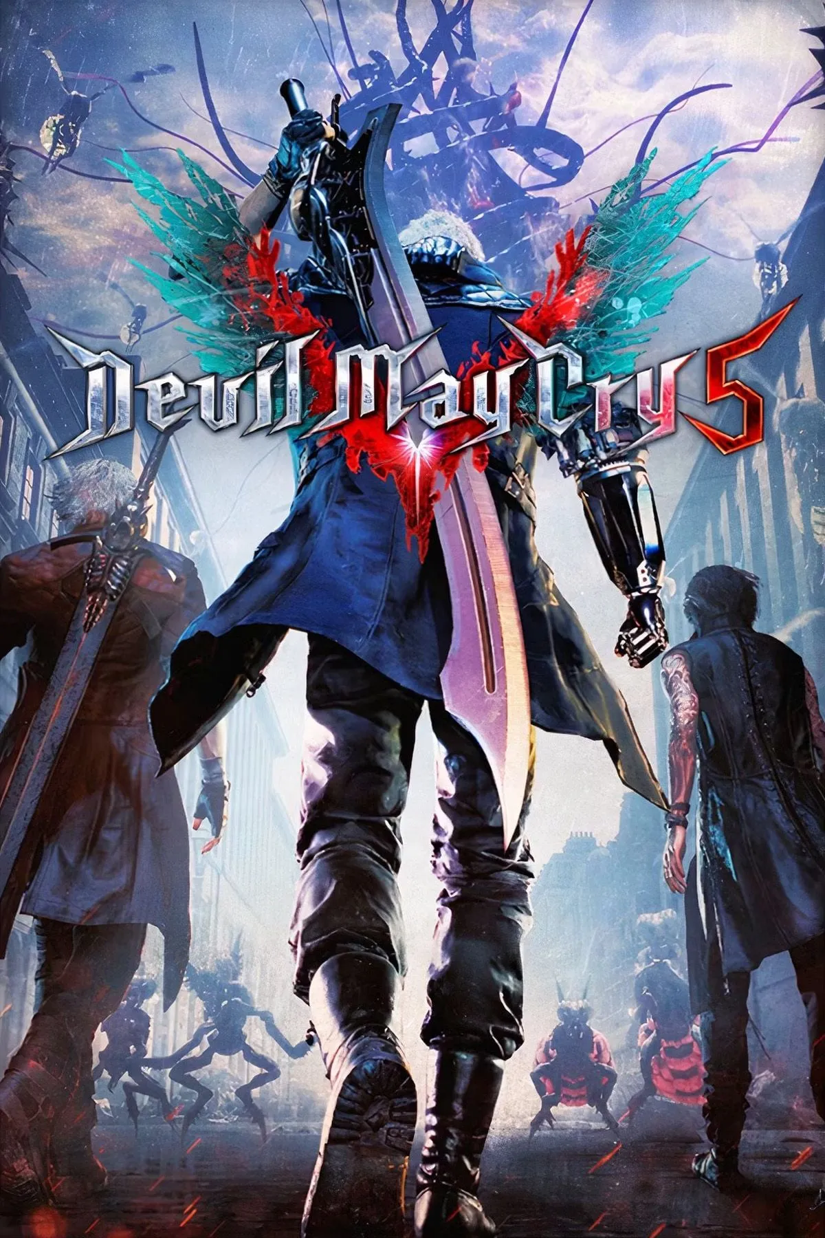 Ảnh bìa game Devil May Cry 5, thể hiện Dante và Nero trong phong cách hành động đặc trưng, đánh dấu sự trở lại của series.