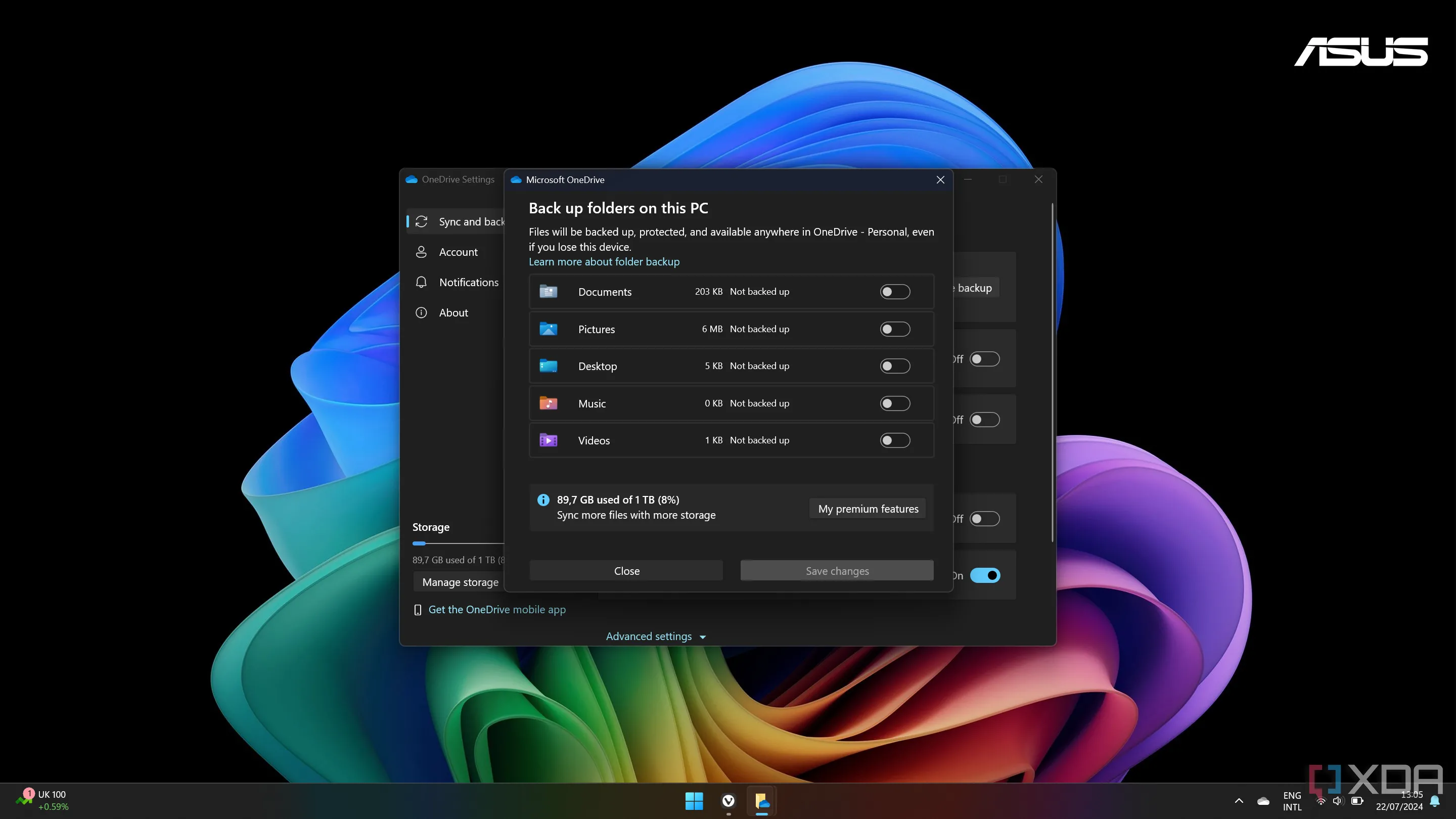 Ảnh chụp màn hình cài đặt OneDrive trên Windows hiển thị tùy chọn tắt sao lưu thư mục