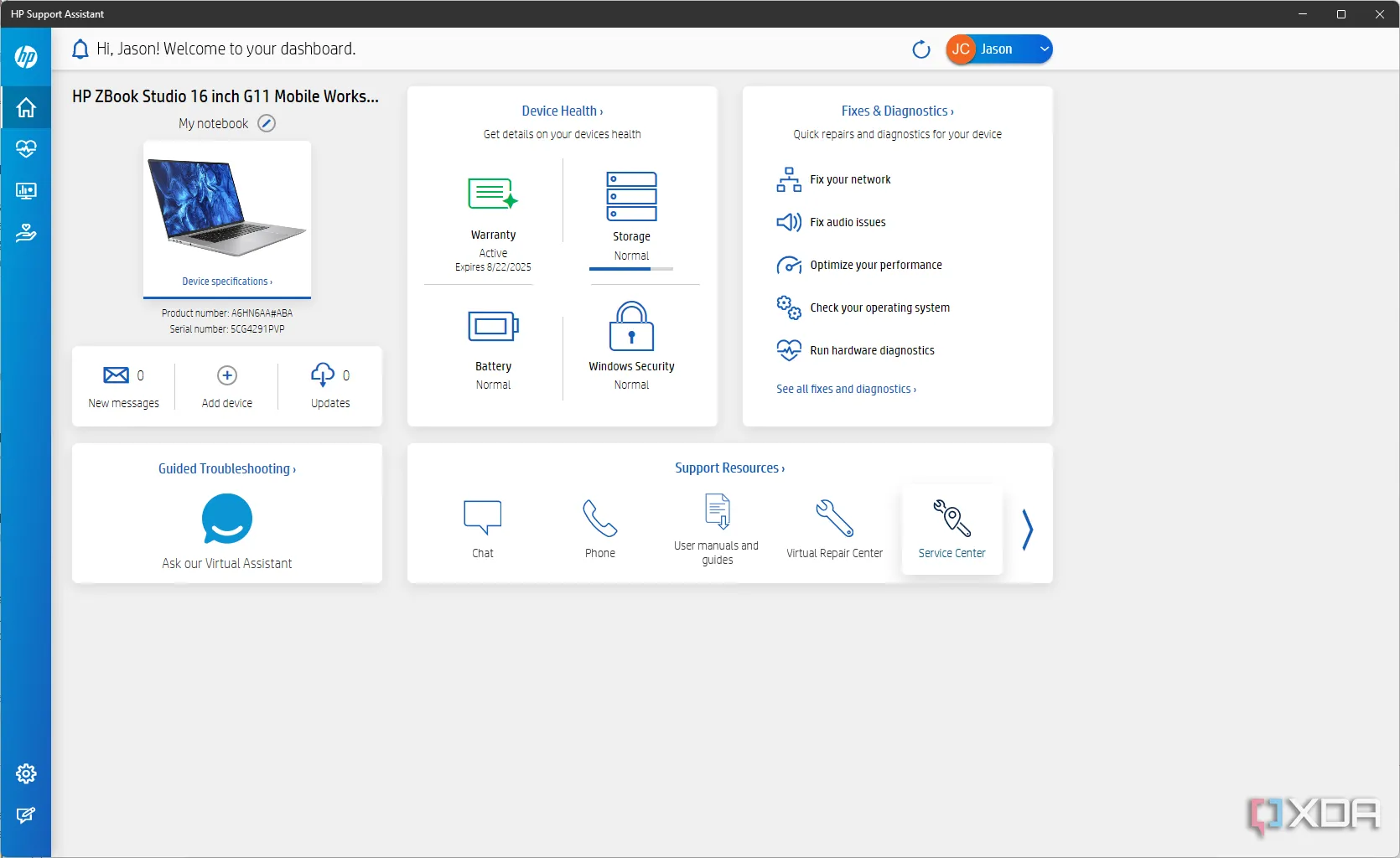 Ảnh chụp màn hình của HP Support Assistant trên HP ZBook Studio G1