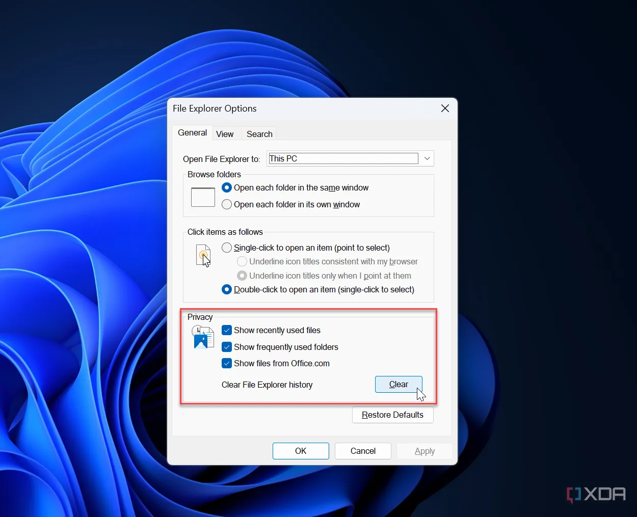 Ảnh chụp màn hình hướng dẫn xóa bộ nhớ đệm File Explorer trên Windows 11