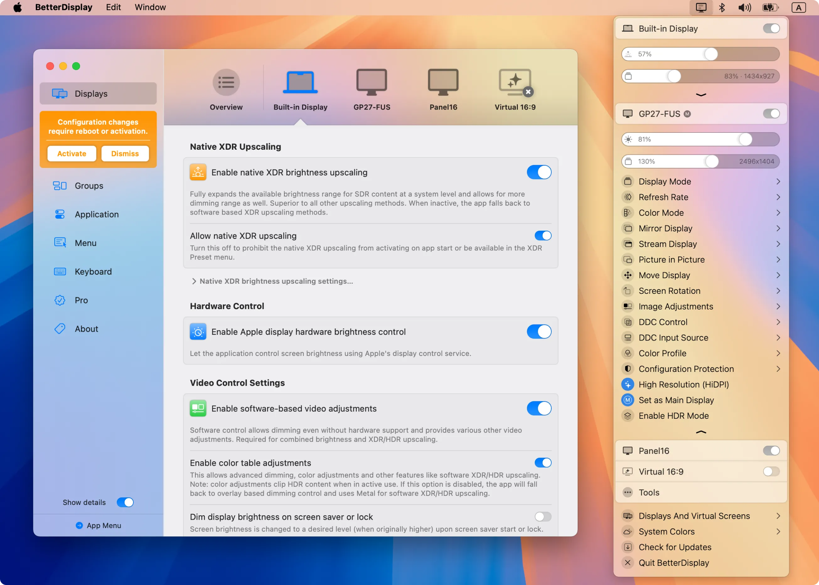 Ảnh chụp màn hình ứng dụng BetterDisplay cung cấp các tùy chọn hiển thị nâng cao trên macOS.
