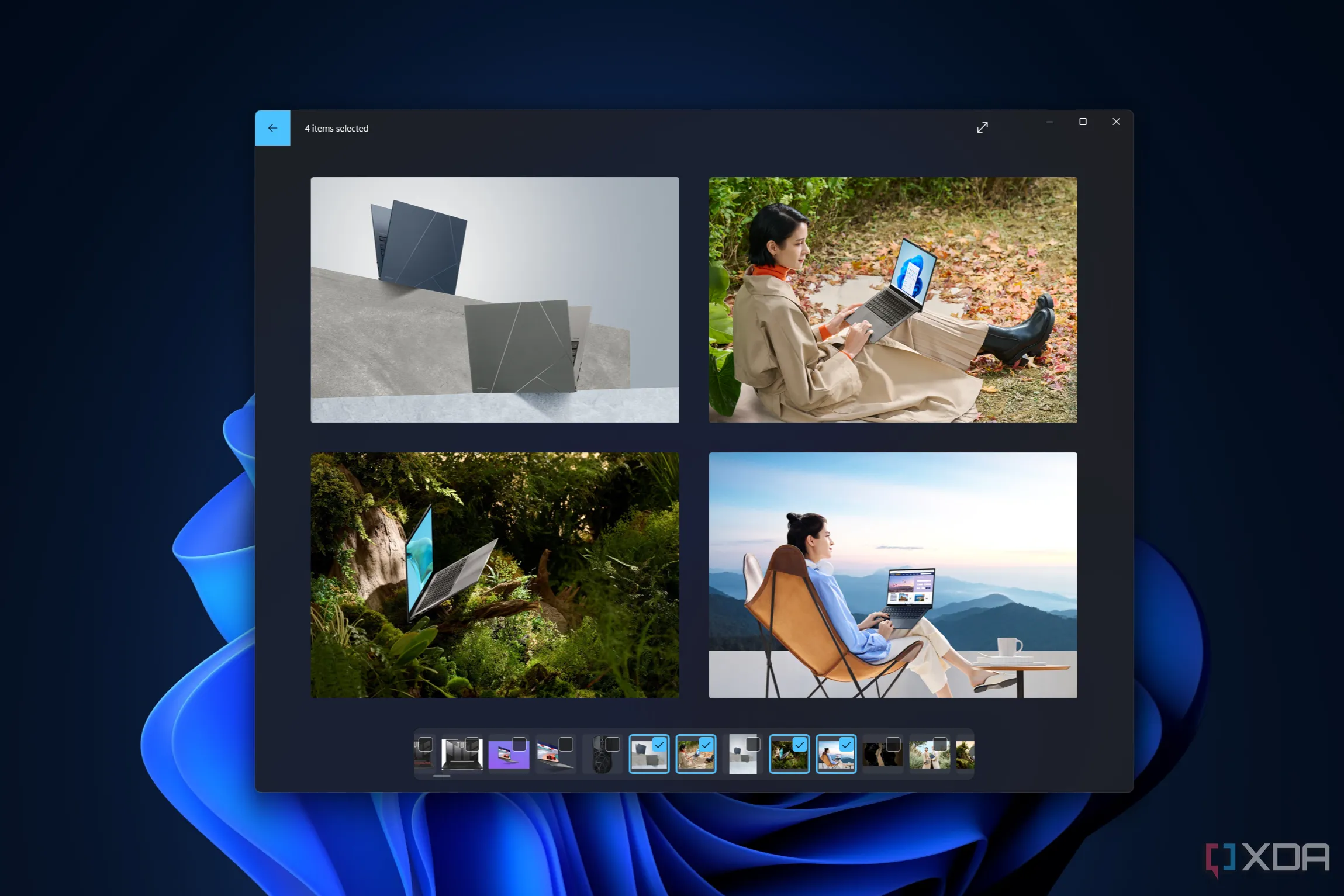 Ảnh chụp màn hình ứng dụng Photos của Windows 11 hiển thị bốn hình ảnh với hình nền máy tính mặc định