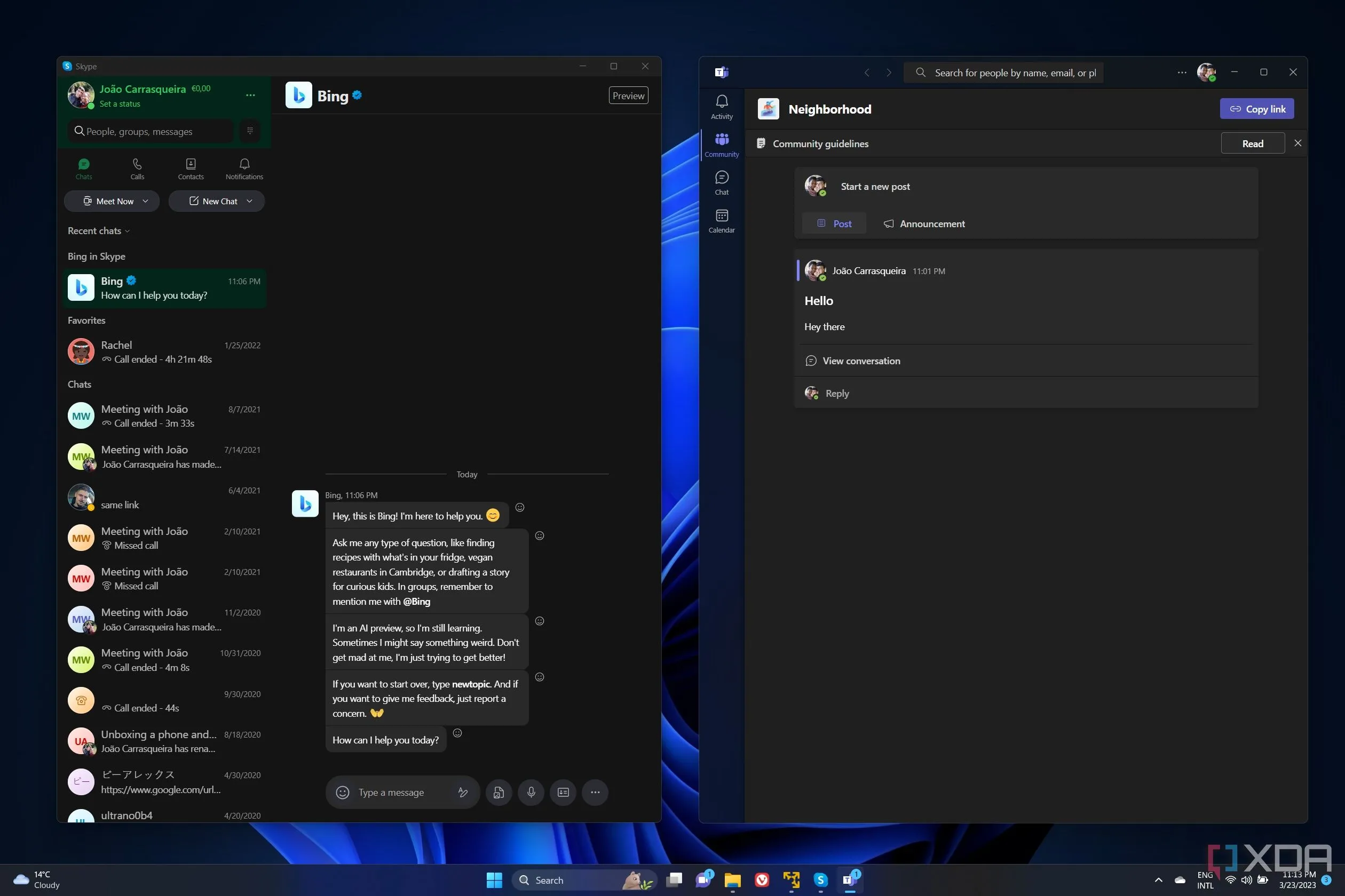 Ảnh chụp màn hình ứng dụng Skype và Teams chạy song song, cho thấy sự khác biệt về giao diện và tính năng của hai nền tảng nhắn tin của Microsoft.