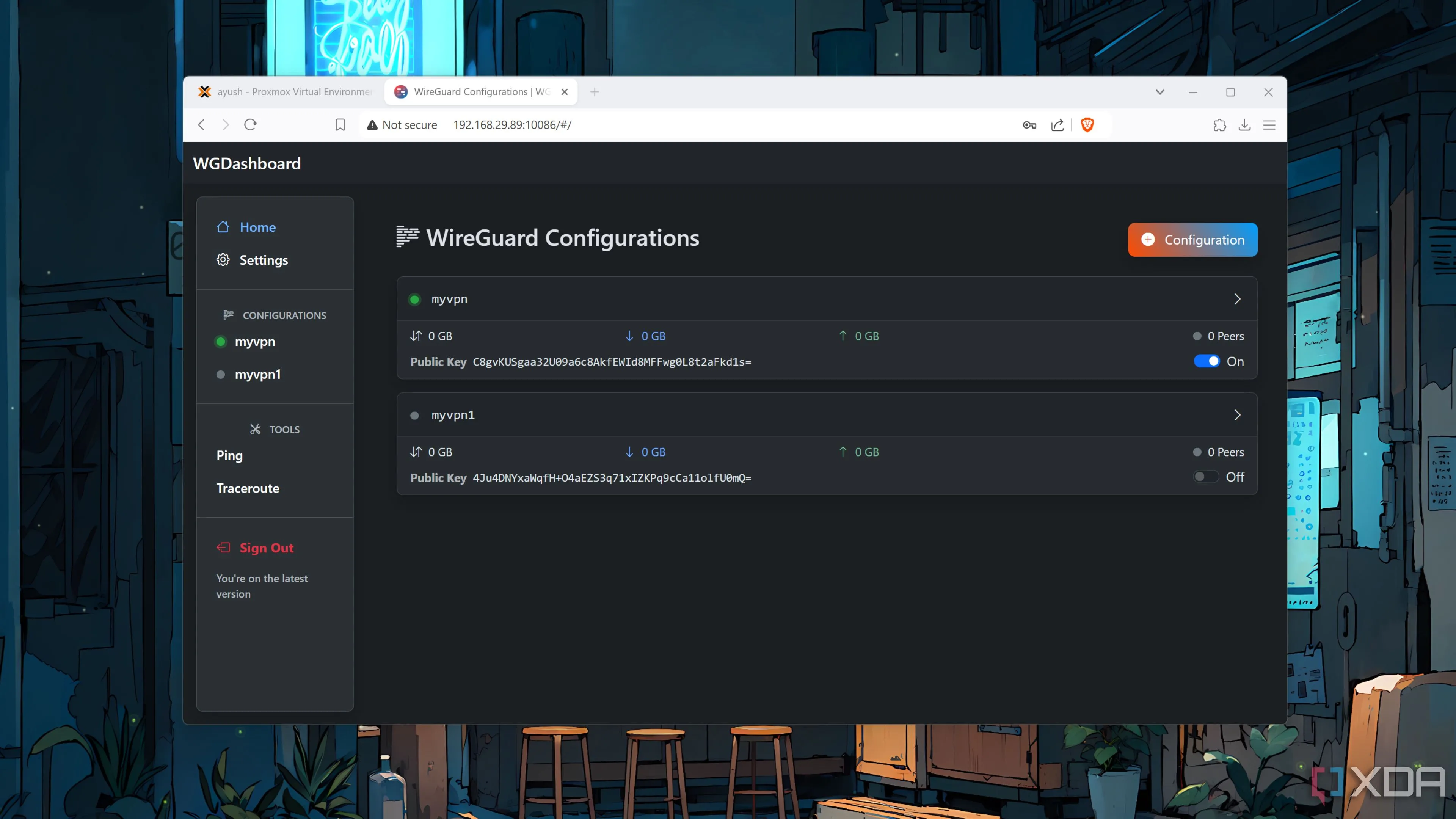 Bảng điều khiển WGDashboard với hai đường hầm VPN được thiết lập