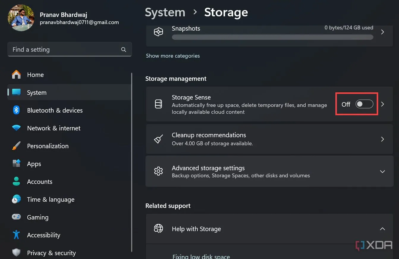 Bật tính năng Storage Sense để tự động giải phóng dung lượng
