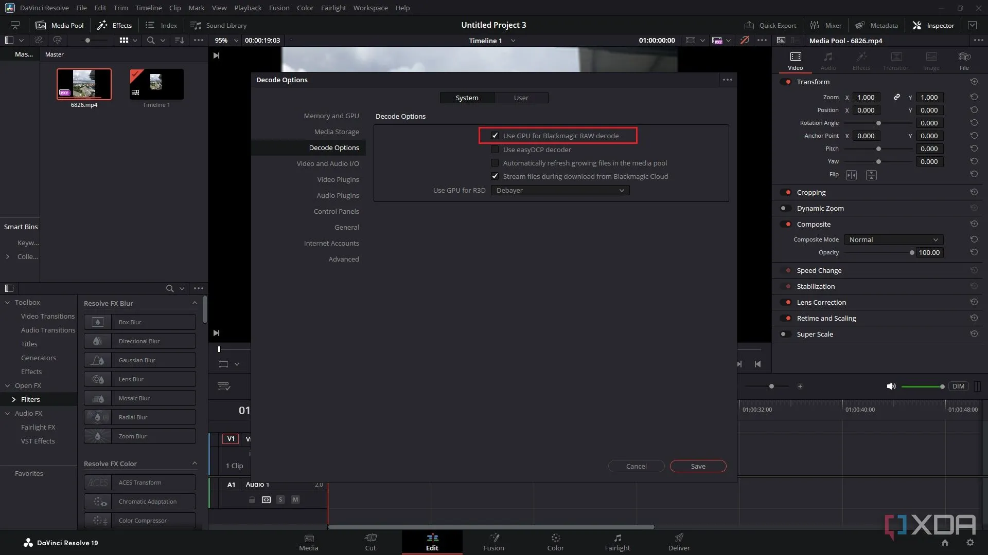 Bật tính năng &quot;Use GPU for Blackmagic RAW Decode&quot; trong DaVinci Resolve