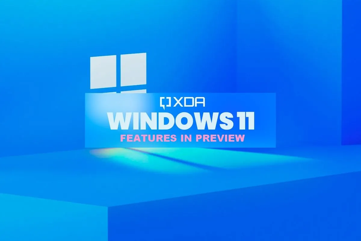 Biểu tượng Windows 11 với ánh sáng và dòng chữ tính năng xem trước