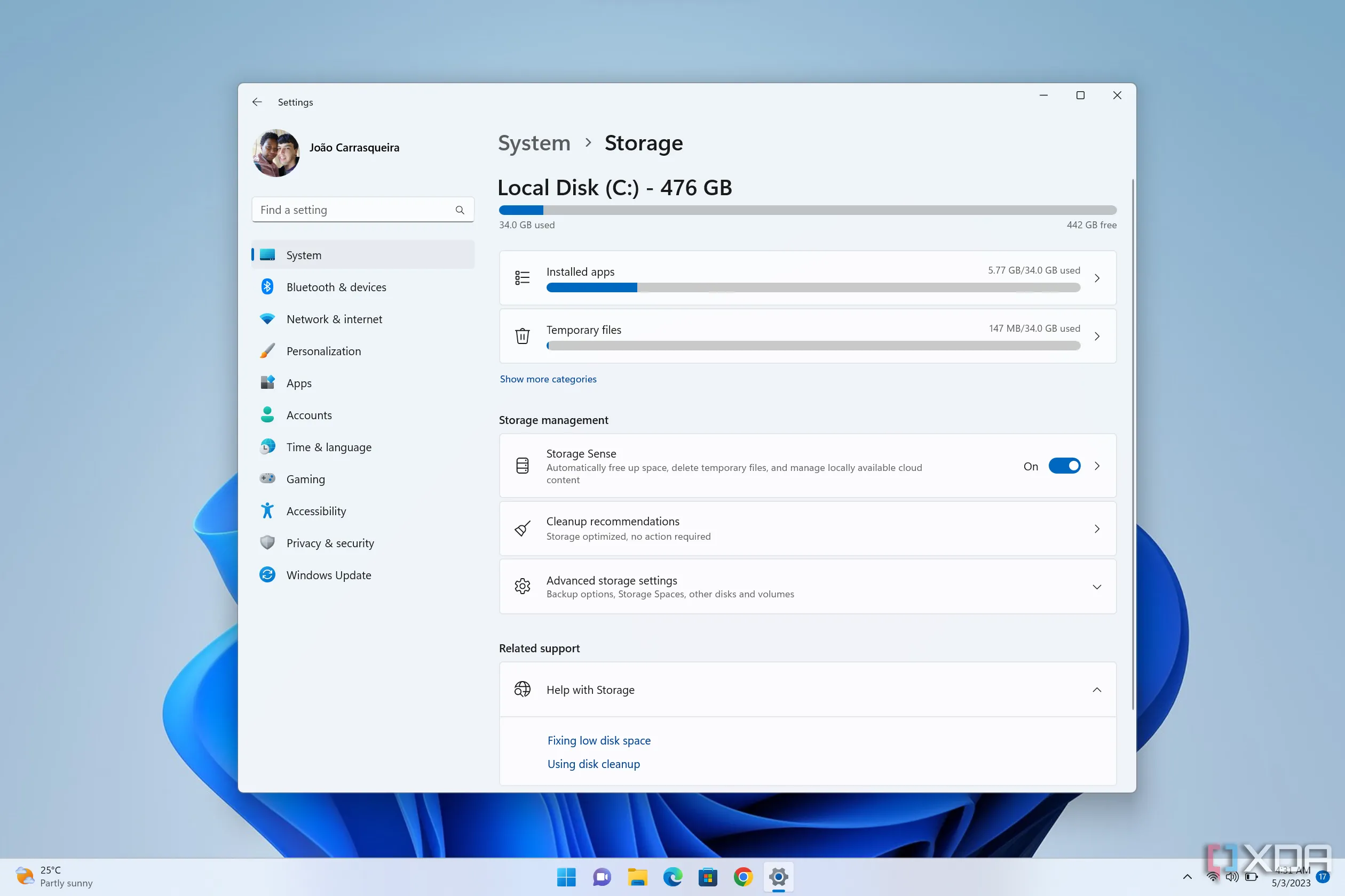Cài đặt lưu trữ (Storage settings) trong Windows 11, minh họa cách giải phóng dung lượng ổ cứng với DoubleKiller
