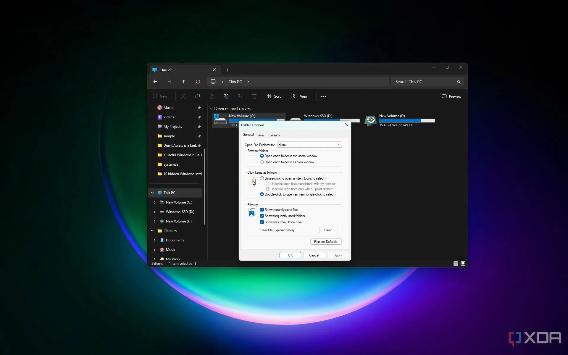 Cài đặt Quyền riêng tư trong Tùy chọn Thư mục của Windows để ẩn tệp gần đây