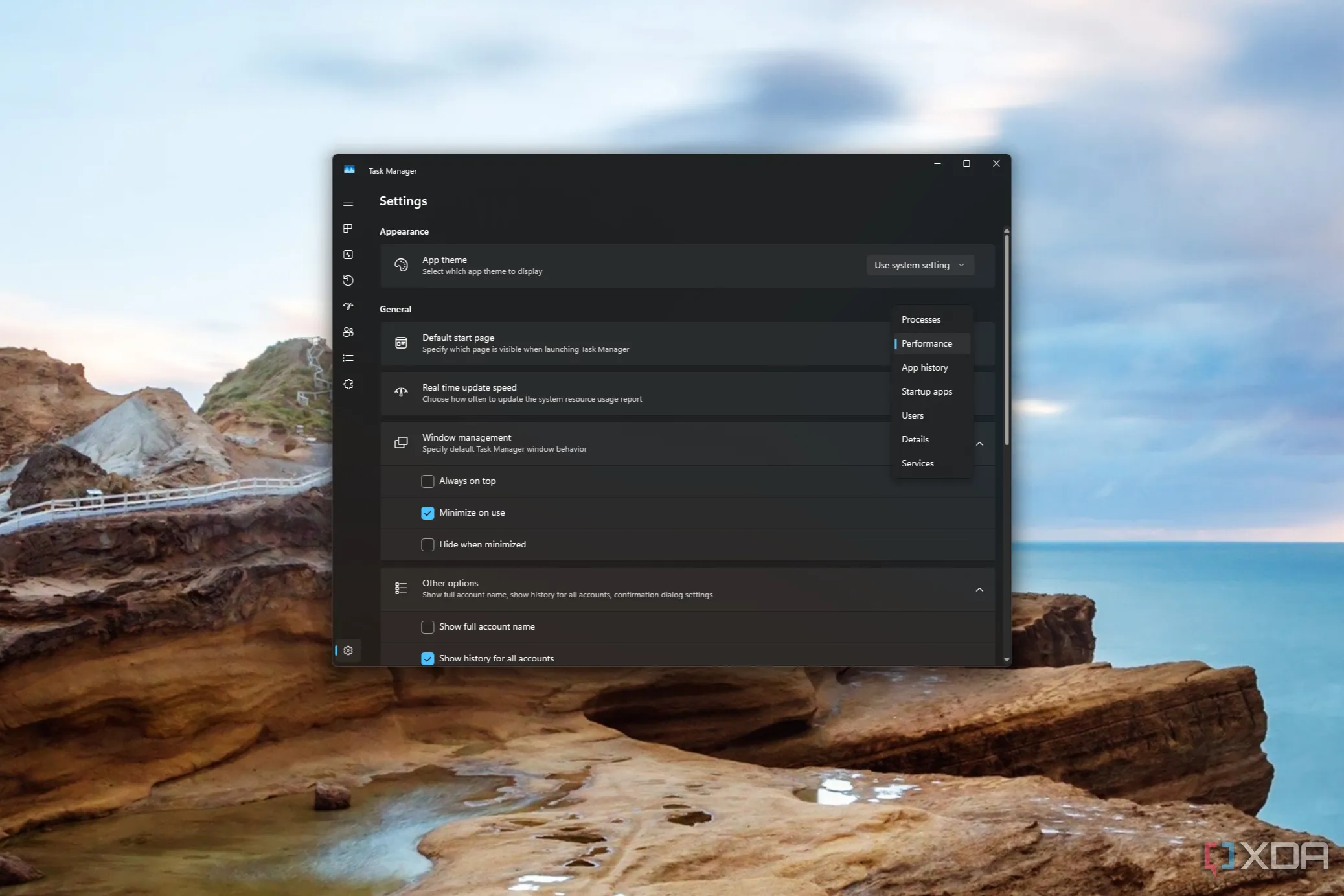 Cài đặt Task Manager cho phép thay đổi trang khởi động mặc định