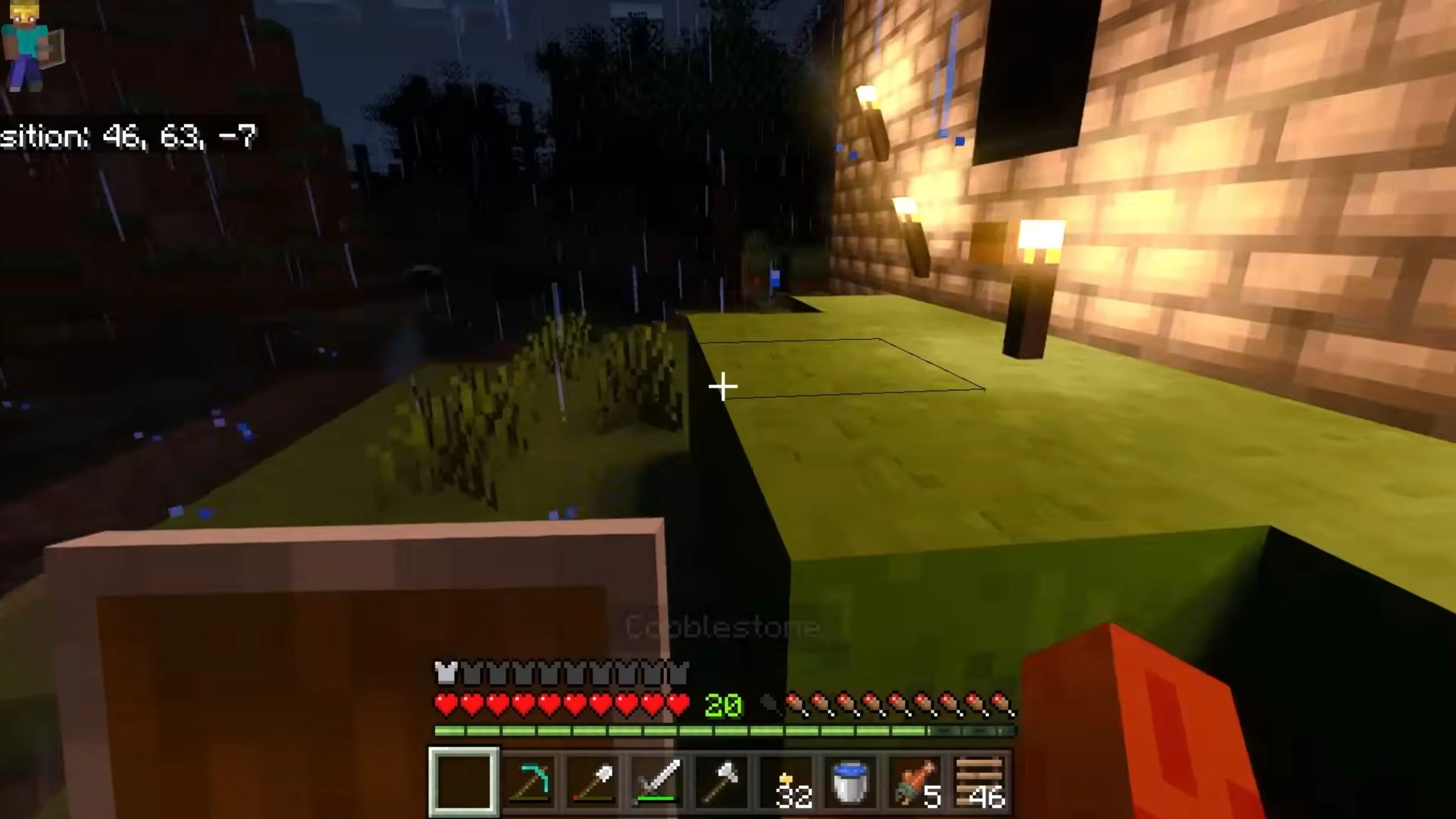 Cảnh chơi game Minecraft với nhân vật khám phá môi trường ban đêm.