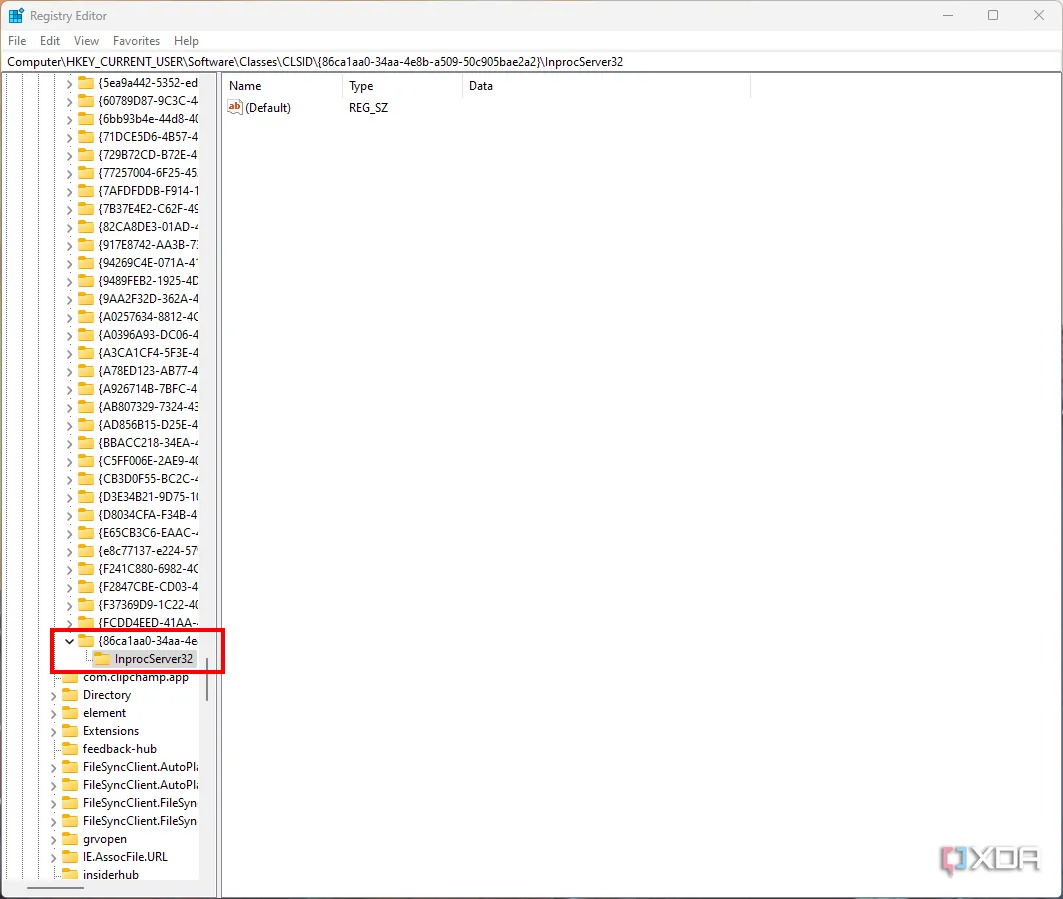Cấu trúc thư mục InprocServer32 trong Registry Editor để kích hoạt menu ngữ cảnh cổ điển trên Windows 11.