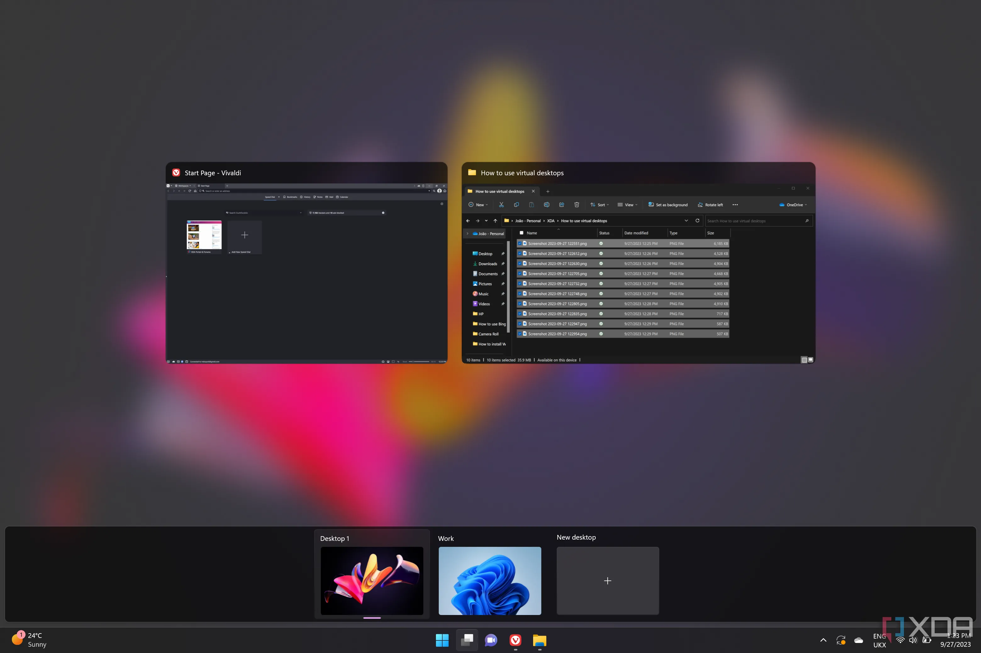 Chế độ xem tác vụ (Task view) trên Windows 11 với hai màn hình ảo và các ứng dụng đang mở