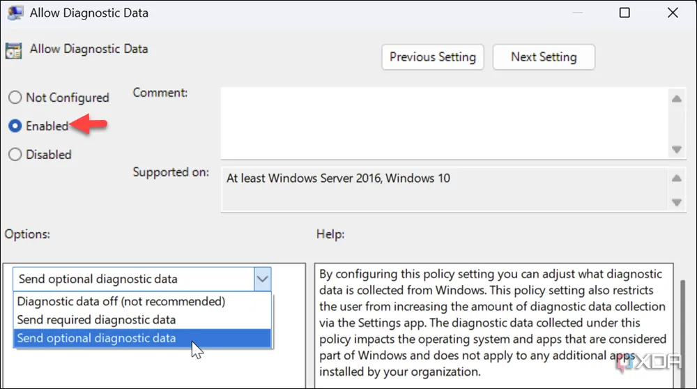 Chính sách &quot;Cho phép dữ liệu chẩn đoán&quot; trong Group Policy Editor