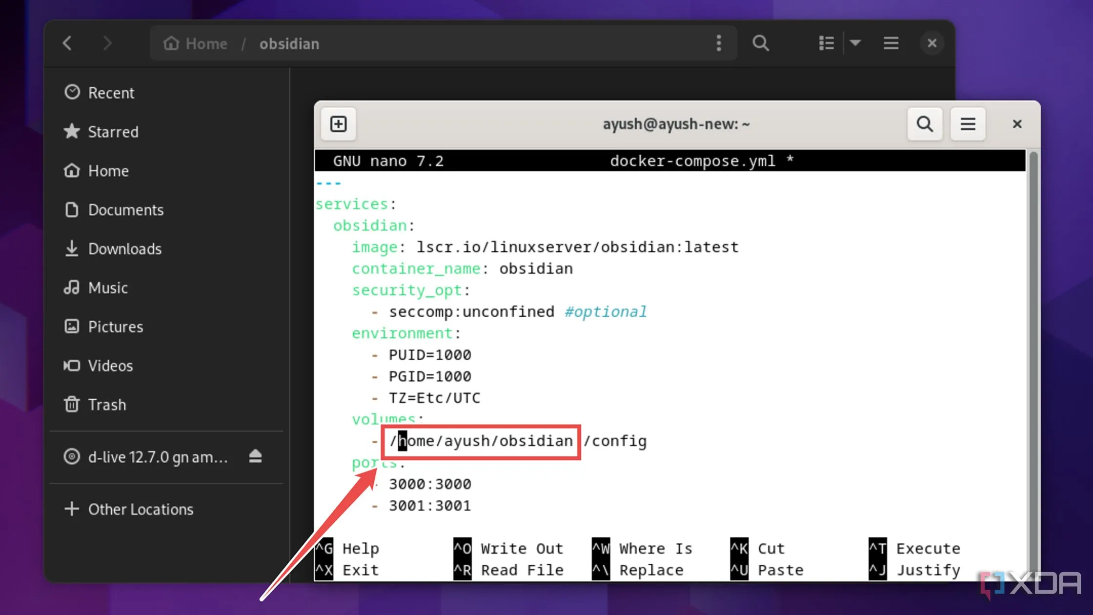 Chỉnh sửa đường dẫn cấu hình trong file docker-compose.yml của Obsidian