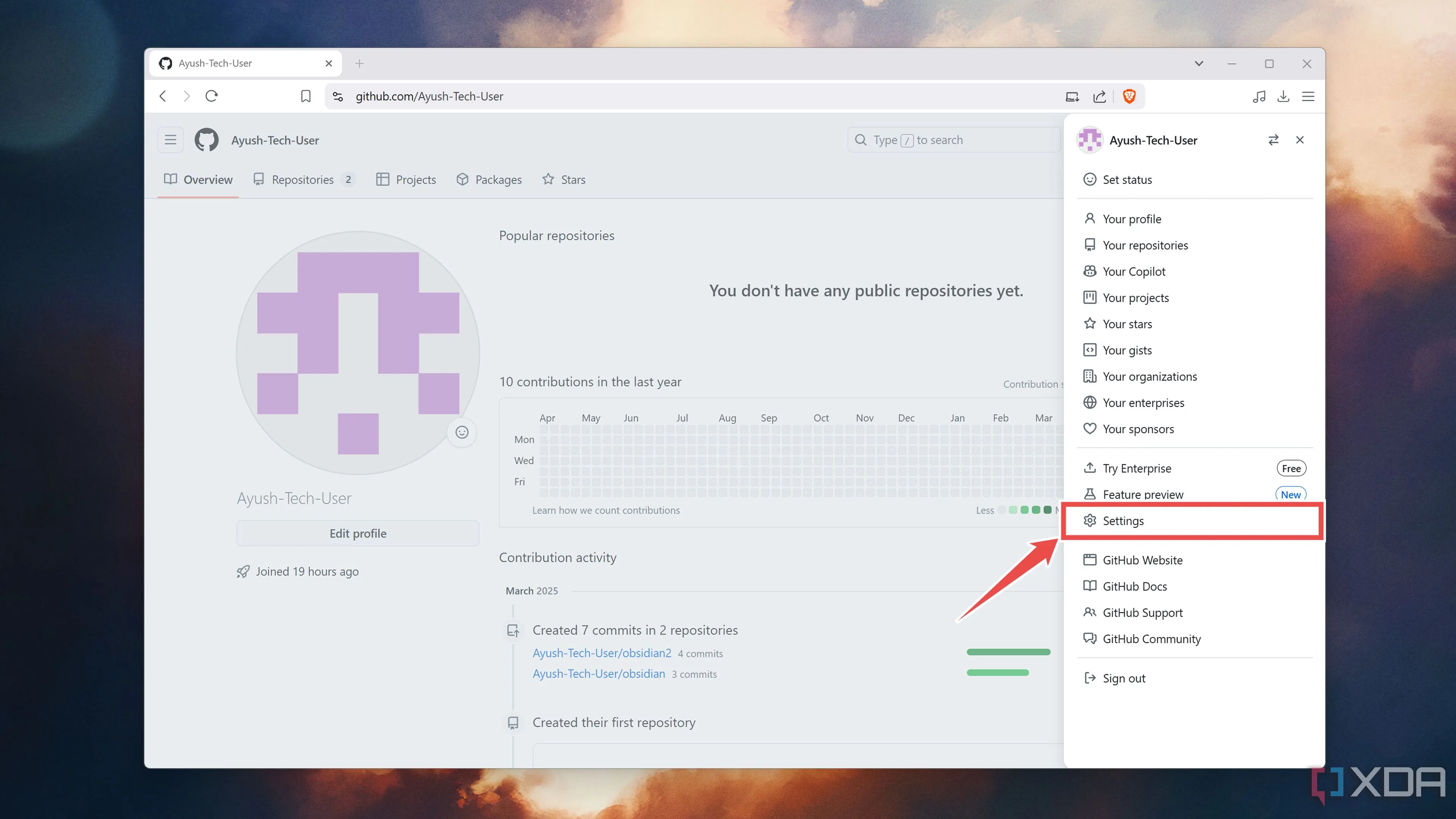 Chọn mục Settings (Cài đặt) trong GitHub để truy cập tùy chọn cấu hình