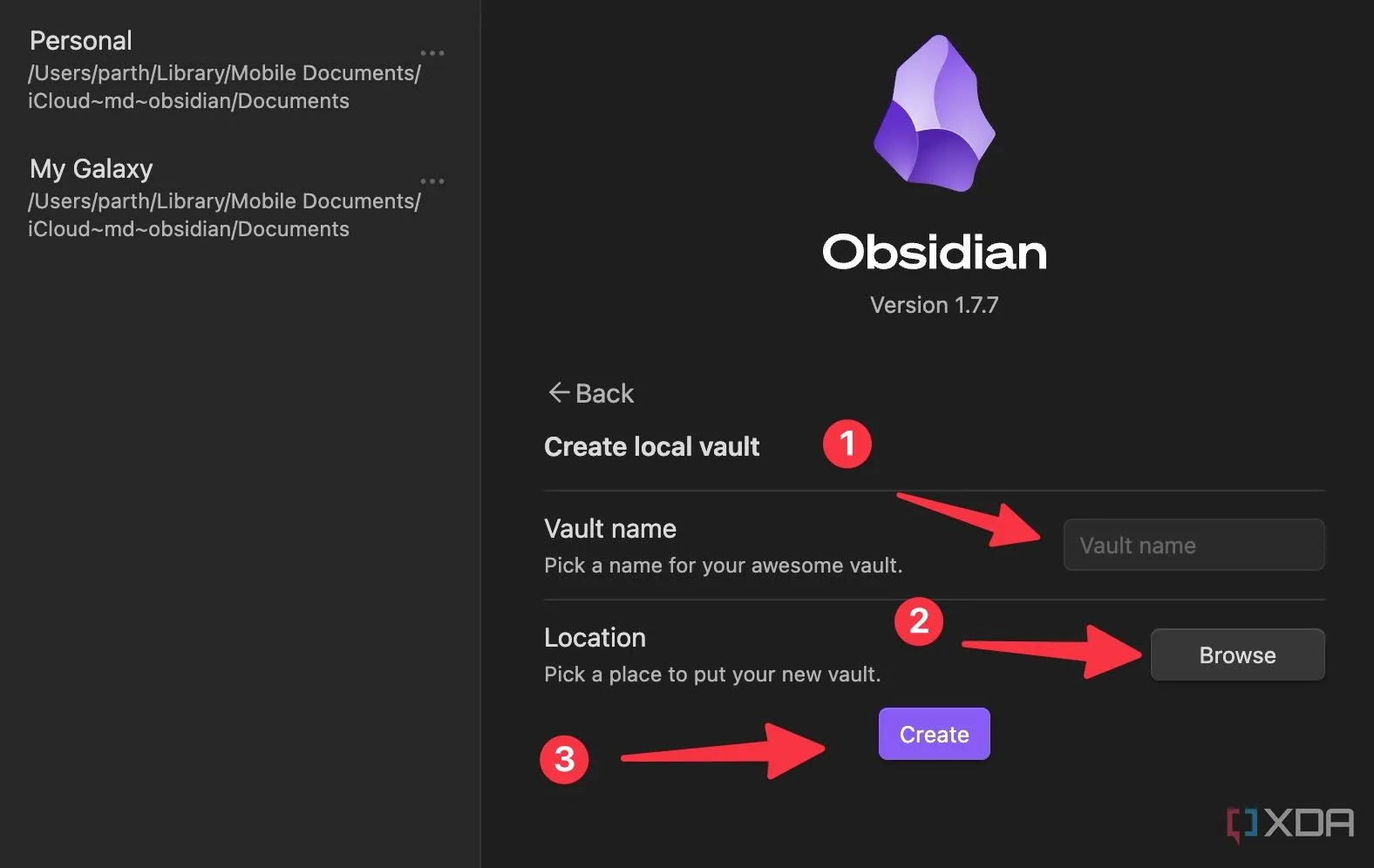 Chọn vị trí lưu trữ cho kho lưu trữ Obsidian mới của bạn