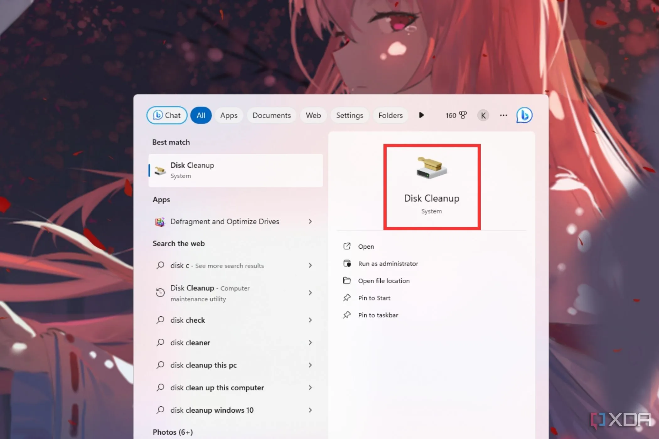 Công cụ Disk Cleanup trên menu Start của Windows