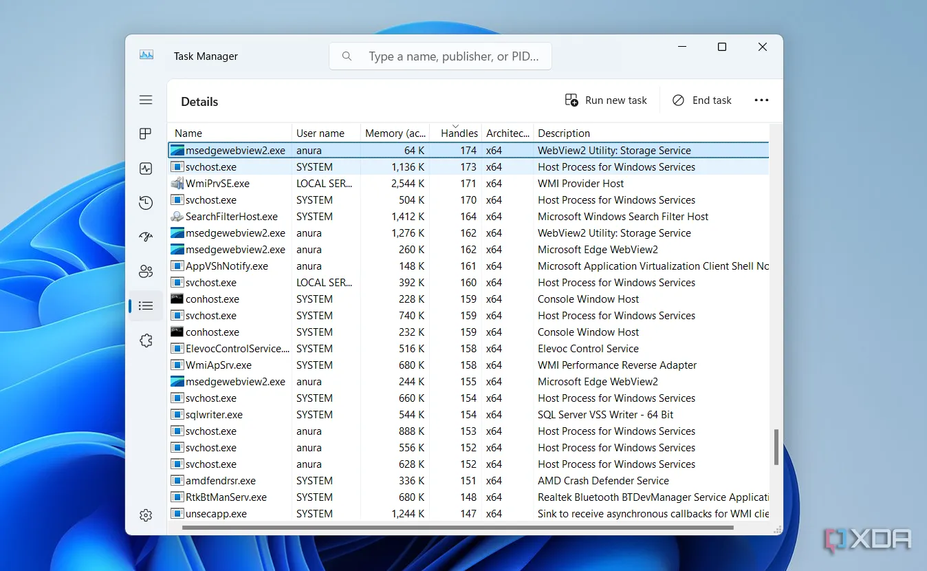 Cột Handles trong Task Manager hiển thị số lượng tài nguyên đang sử dụng