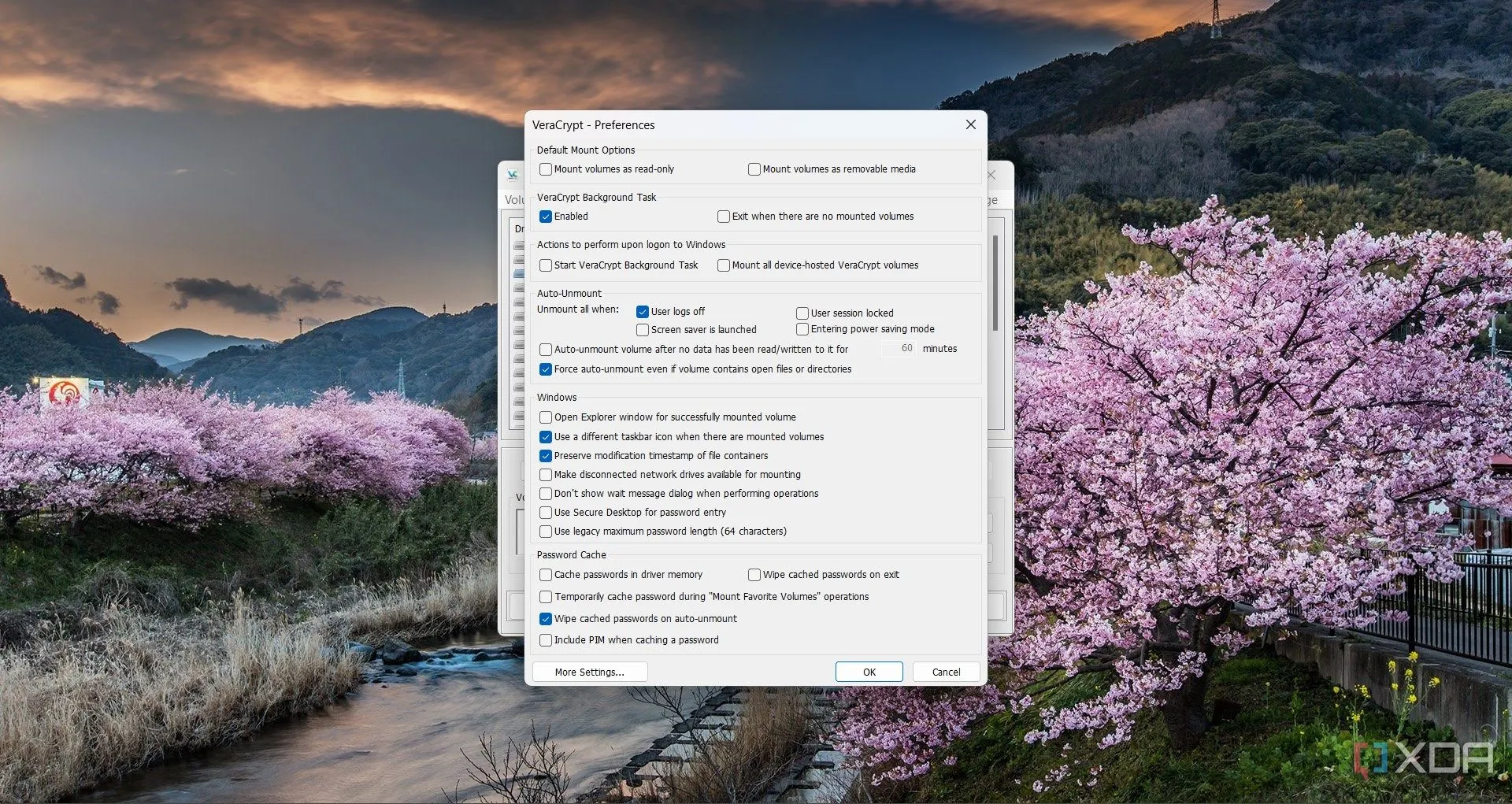 Cửa sổ cài đặt tùy chọn của VeraCrypt thể hiện các thiết lập bảo mật nâng cao