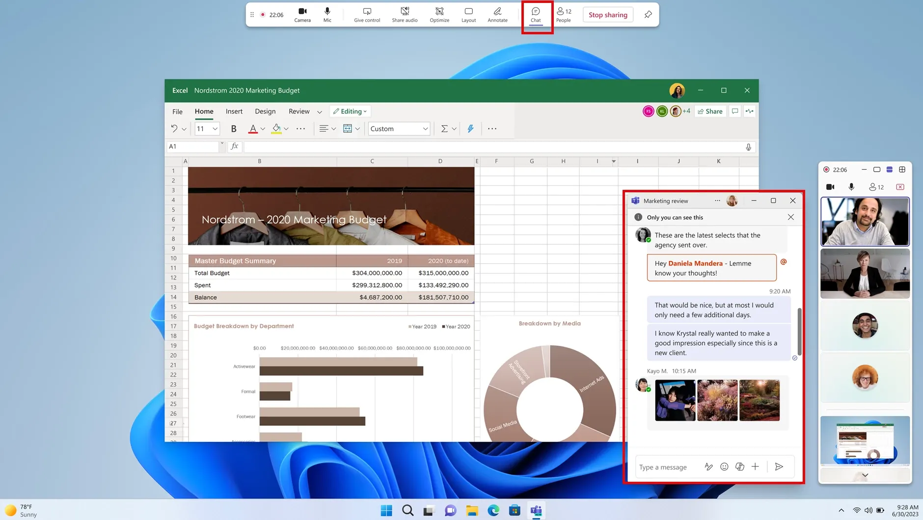 Cửa sổ chat riêng tư trong Microsoft Teams khi chia sẻ màn hình
