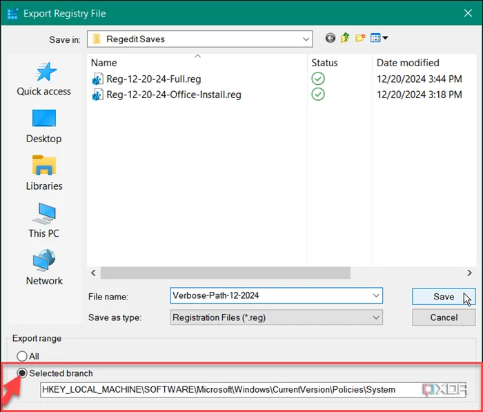 Cửa sổ Export Registry File trong Windows, hiển thị tùy chọn &quot;Selected branch&quot; để sao lưu một phần cụ thể của Registry.