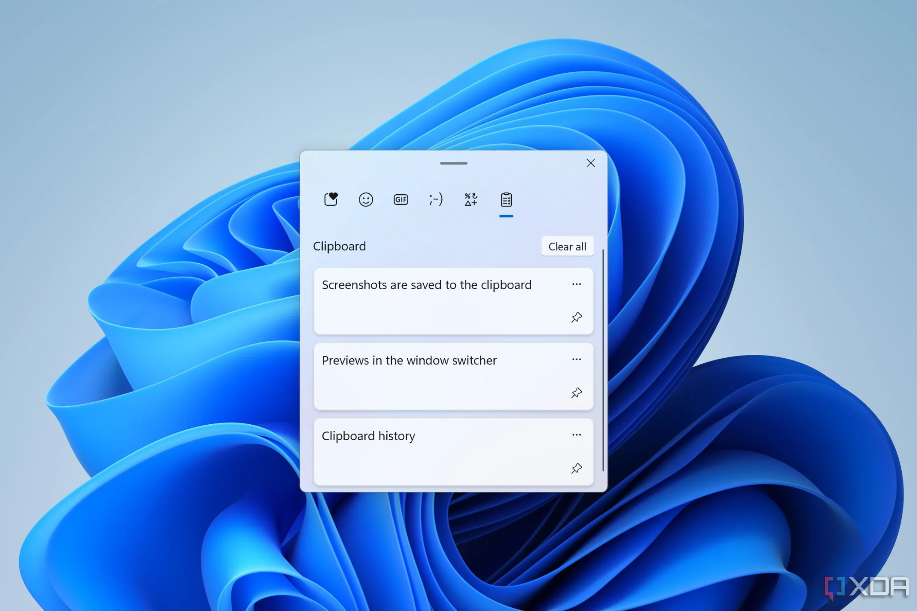 Cửa sổ lịch sử clipboard trên Windows 11 hiển thị các mục đã sao chép.