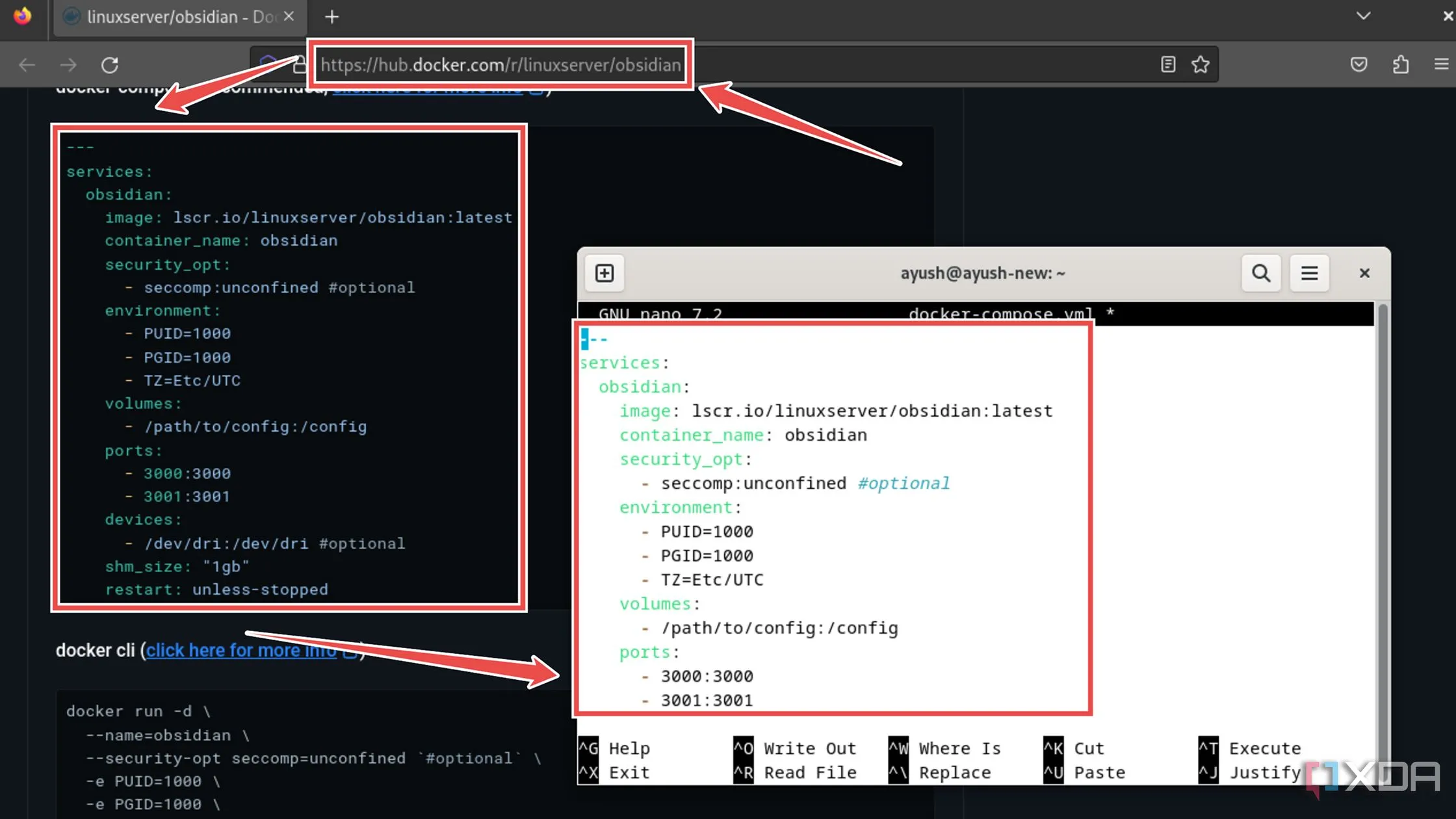 Dán mã cấu hình vào file docker-compose.yml cho ứng dụng ghi chú Obsidian