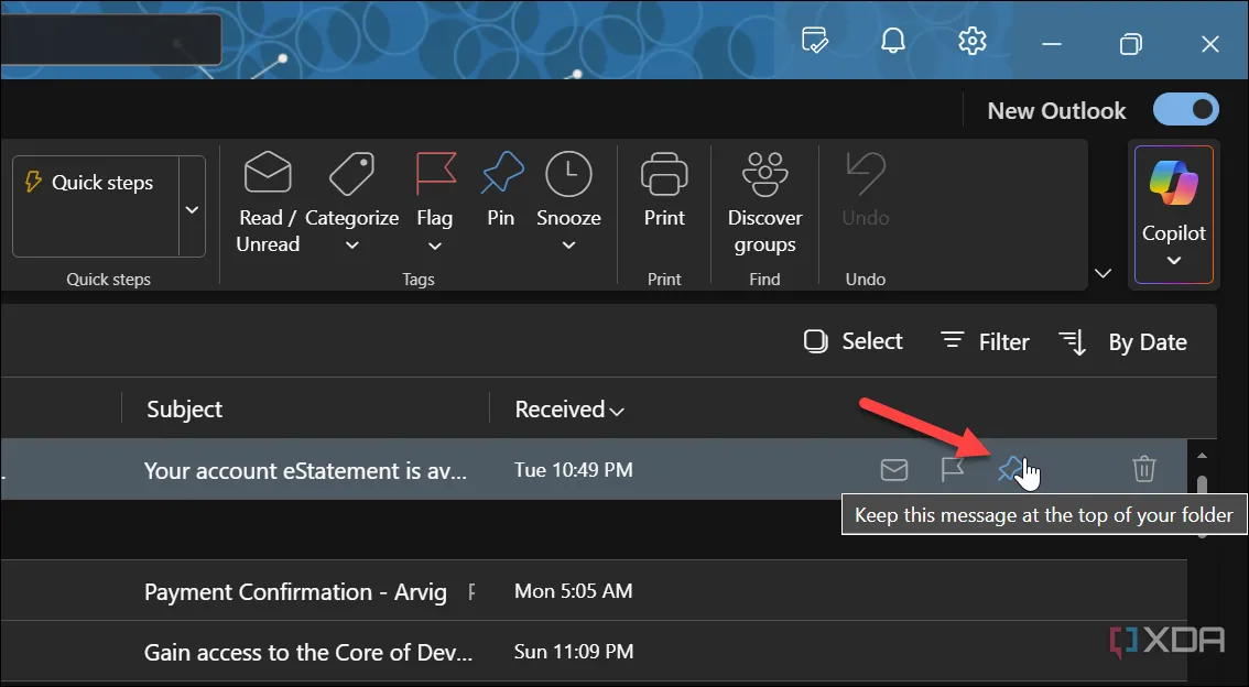 Ghim email quan trọng lên đầu hộp thư đến trong ứng dụng Outlook