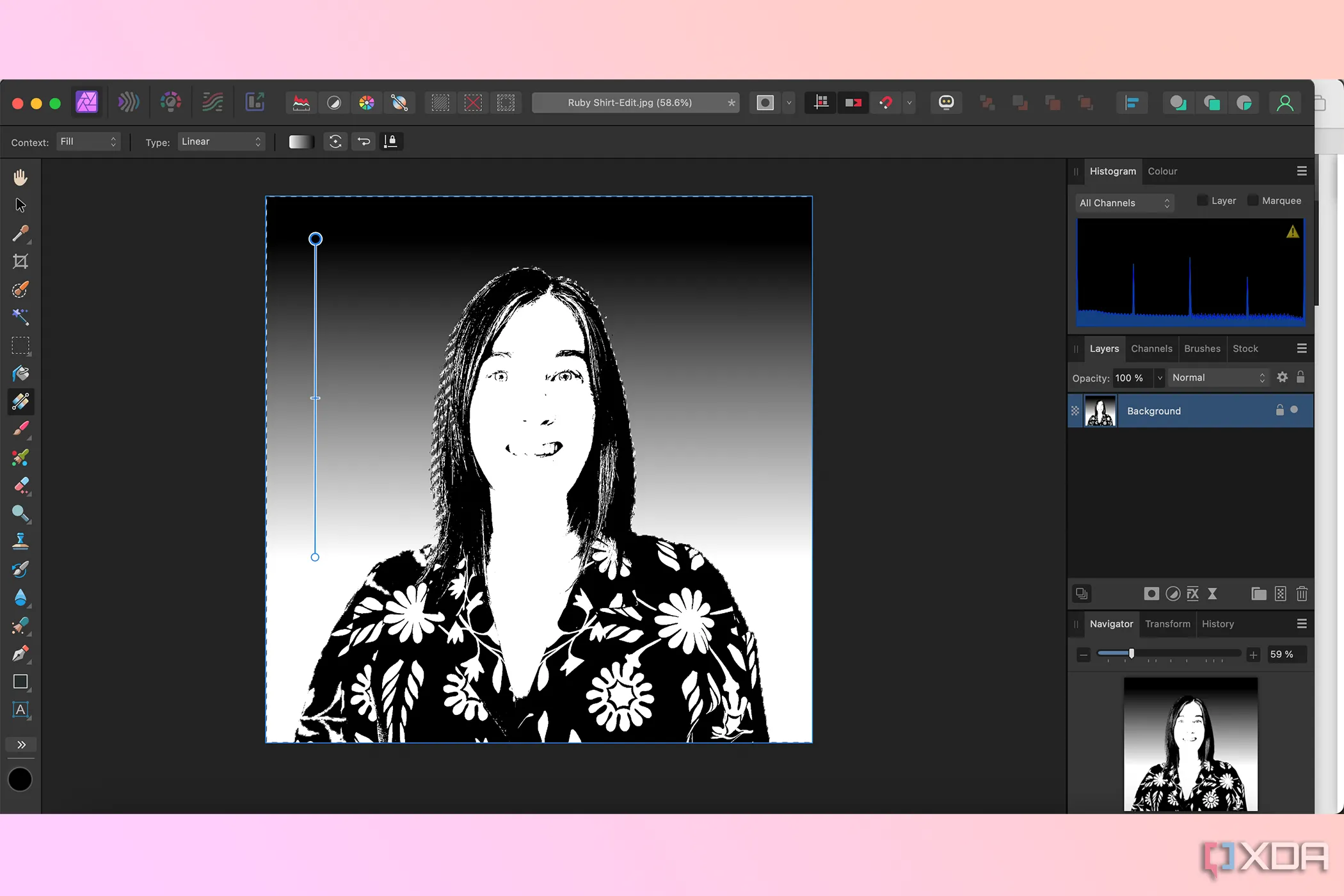 Giao diện Affinity Photo 2 với hiệu ứng chân dung đen trắng