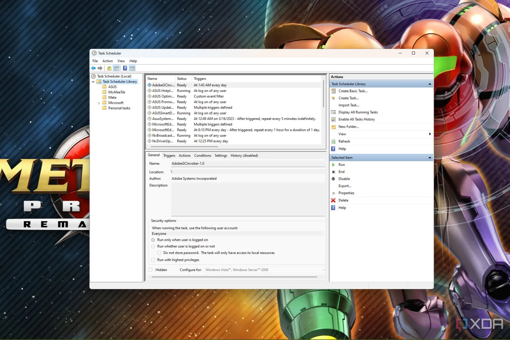 Giao diện chính của Trình lập lịch tác vụ Windows 11 với tùy chọn tạo tác vụ cơ bản và nâng cao