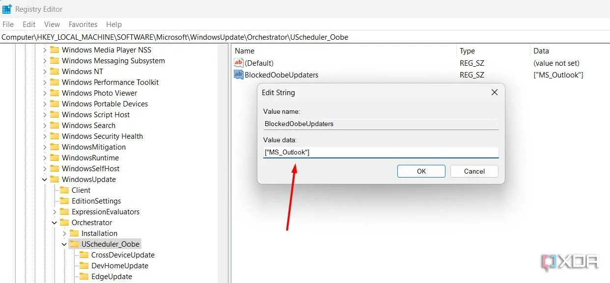Giao diện chỉnh sửa giá trị Value data cho khóa BlockedOobeUpdaters trong Registry Editor