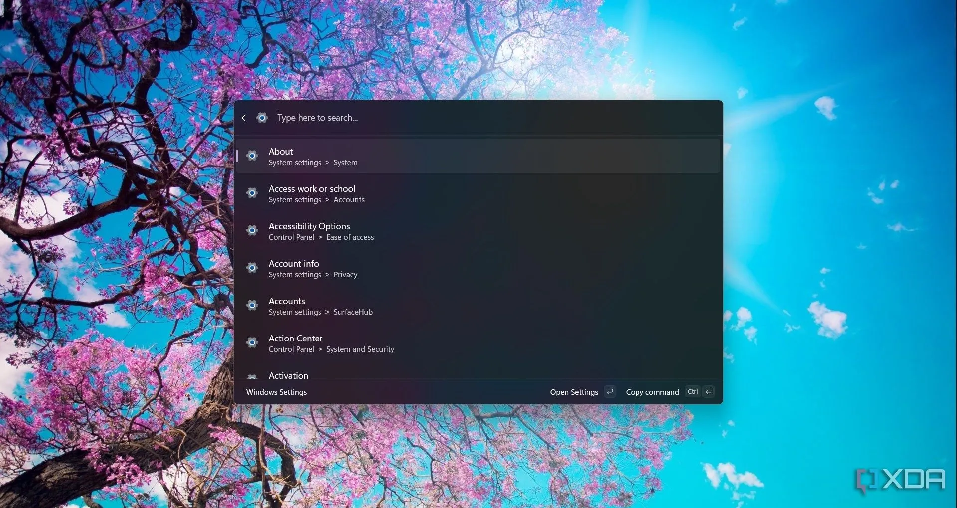 Giao diện Command Palette của trình duyệt Arc đang tìm kiếm Cài đặt Windows, thể hiện cách điều hướng khác biệt thay vì bookmark truyền thống.