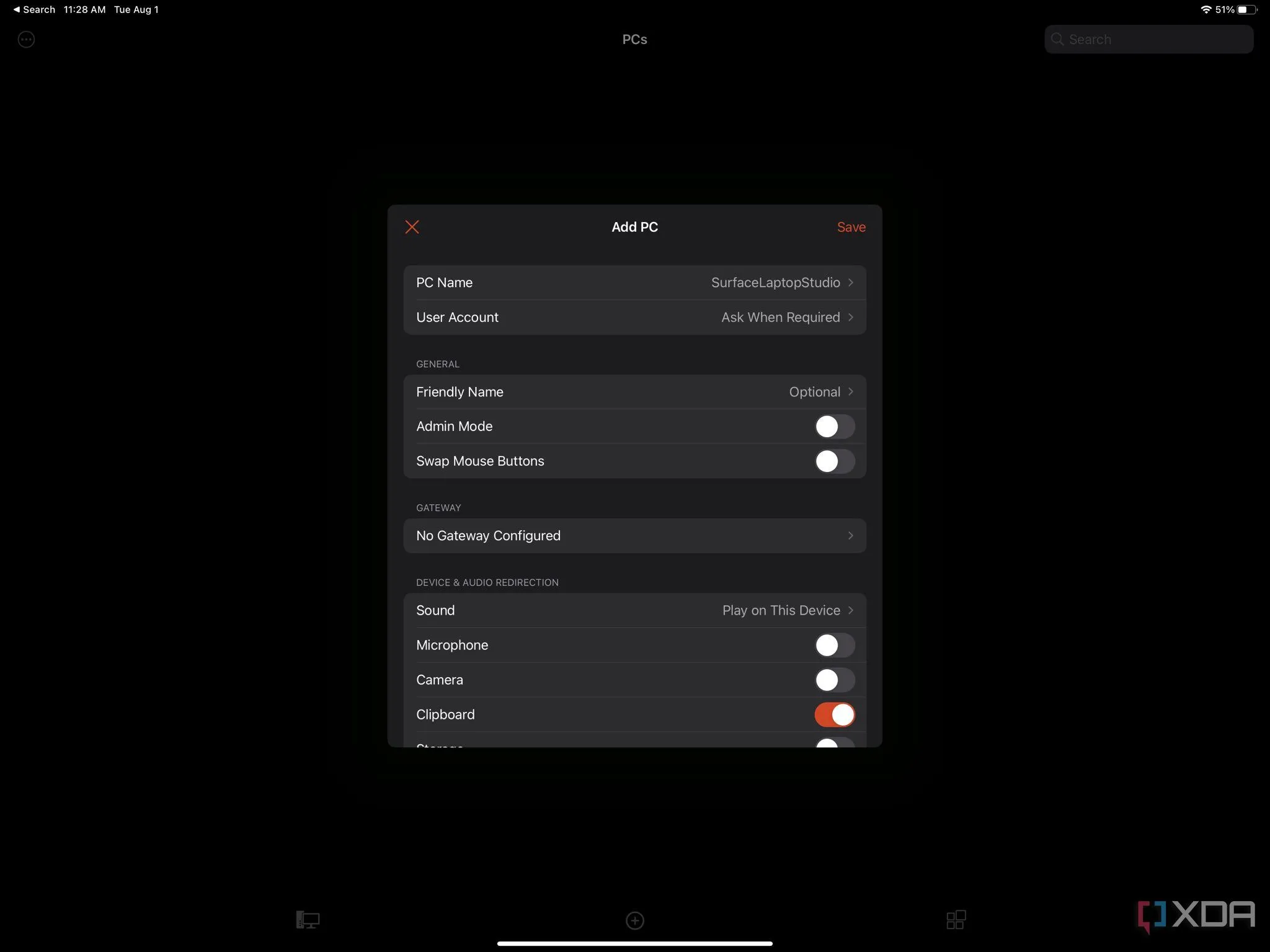 Giao diện nhập tên máy tính để thêm kết nối Remote Desktop trên ứng dụng Windows App Mobile cho iPad